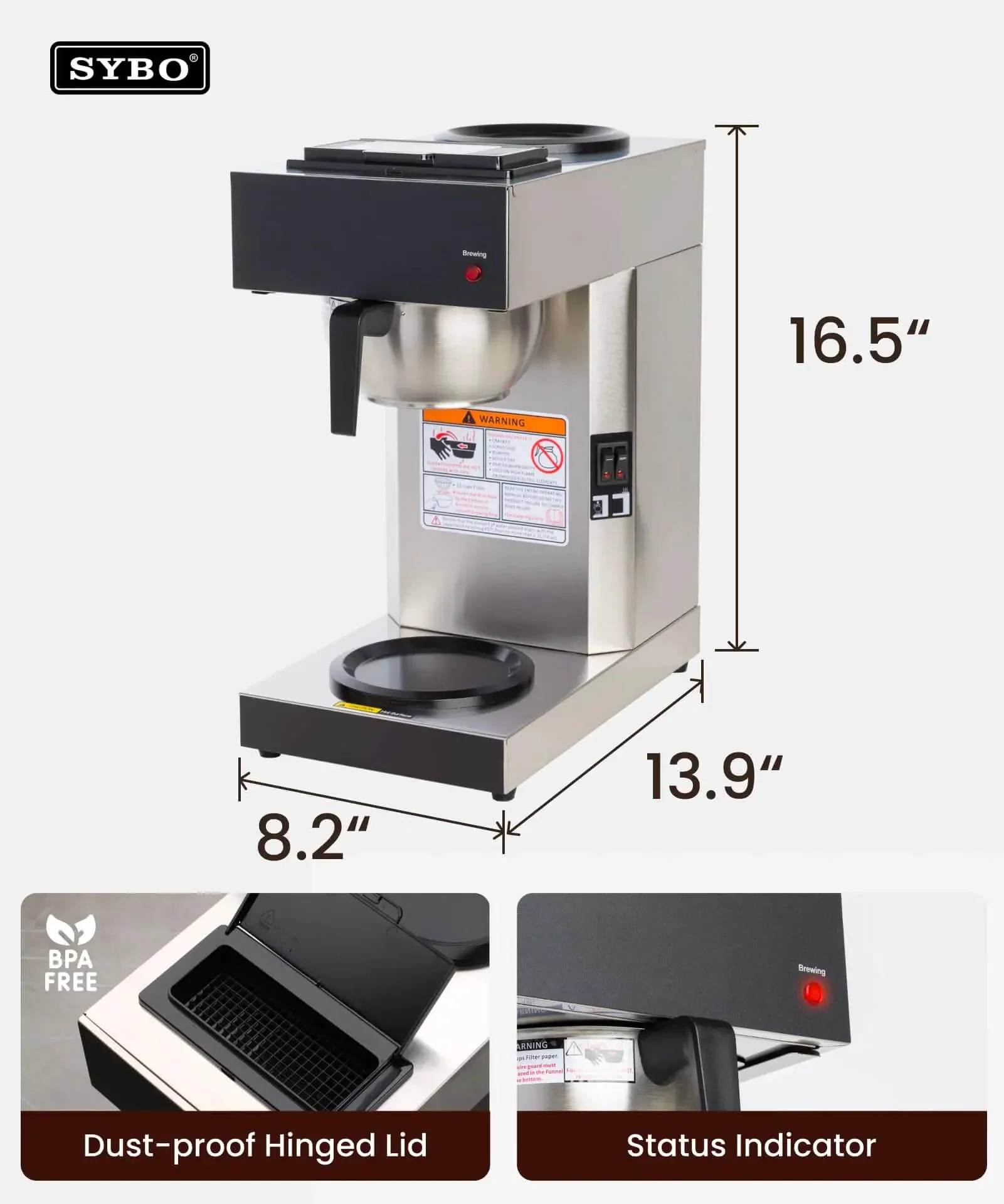 12 Cup Commercial Pour Over Coffee Maker With Industrial Stainless Steel Design, Dual Warmers, No Glass Carafe Included, Built For Cafes And Offices, Easy Pour Over Setup, ETL CE RoHS Intertek Certified Optional Glass Carafe SF-CB-2GA Available - Image 3