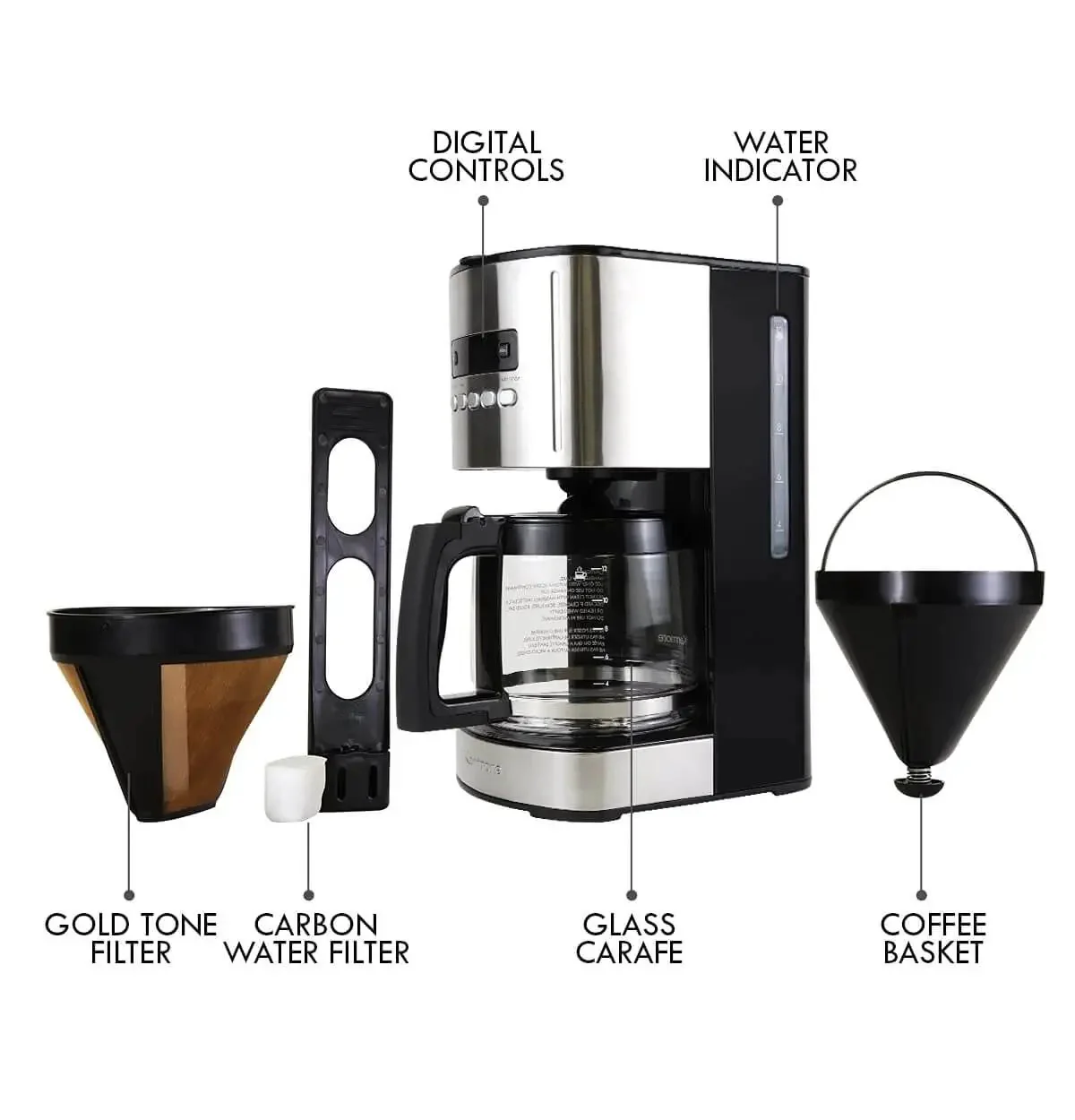 12 Cup Programmable Drip Coffee Maker With Glass Carafe No Mess Auto Shut Off Pause And Serve Large Water Reservoir Reusable Gold Tone Filter Carbon Filter Keeps Coffee Warm Black Kitchen Appliance - Image 6