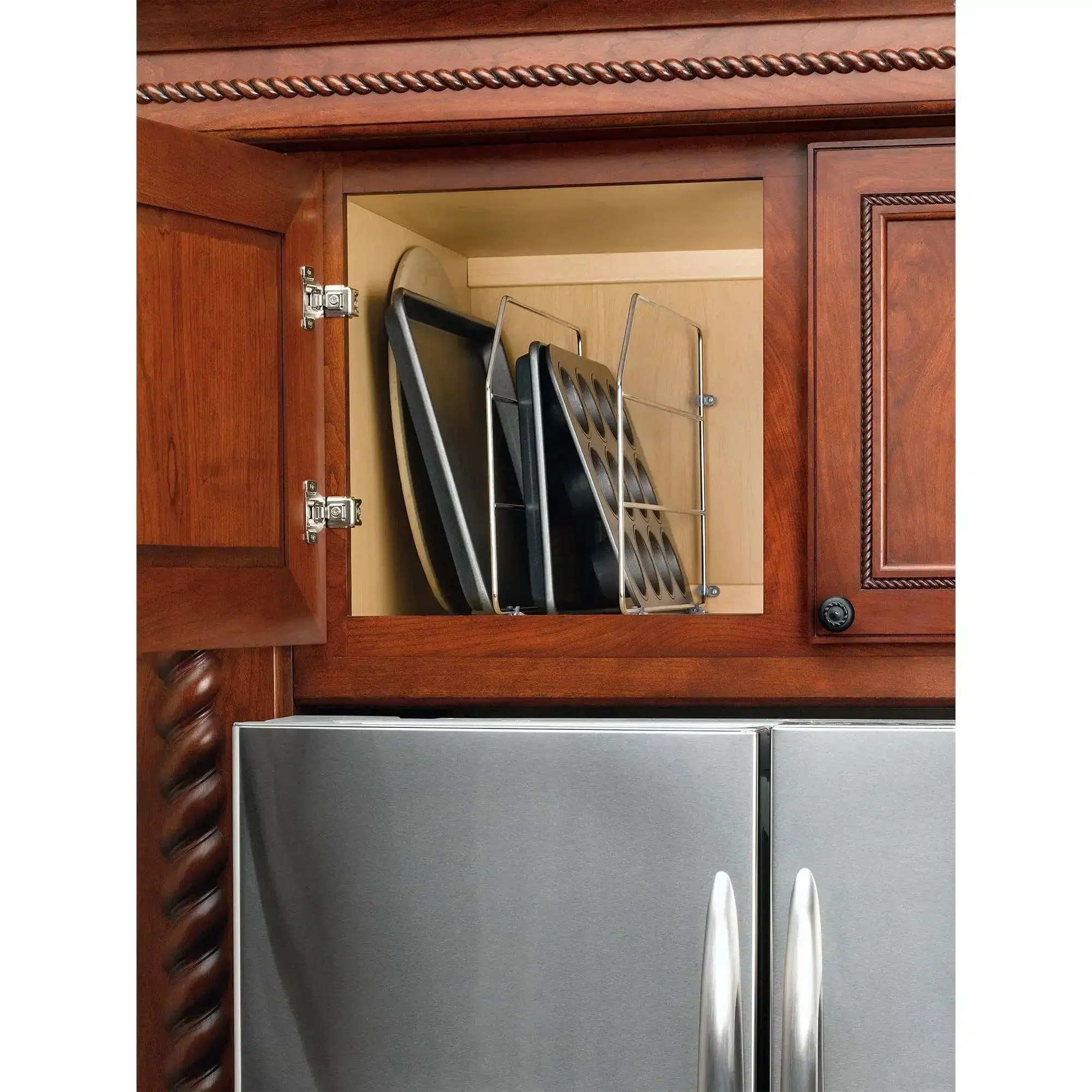 12 Inch Baking Sheet Organizer Rack For Wall And Base Kitchen Cabinets Chrome Wire Divider For Pan Storage In Cupboards Slim Heavy Gauge Metal Wire Construction Keeps Pans Trays And Cake Pans Neatly Separated And Easy To Grab - Image 9