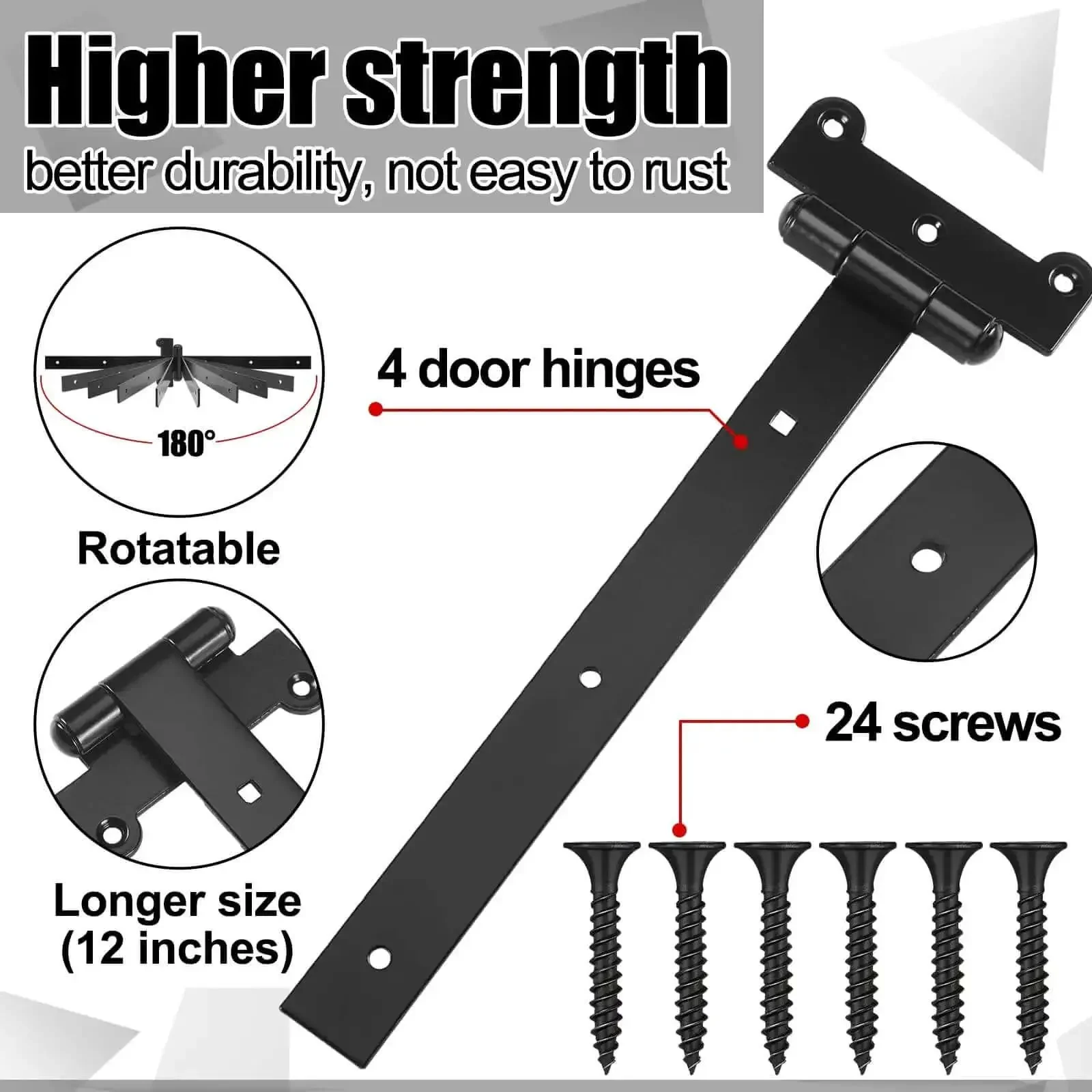 12-Inch Black Powder Coated T-Strap Gate Hinges Built Tough For Heavy Duty Doors Sheds And Barn Gates With 24 Mounting Screws 4 mm Thick Carbon Steel Construction Rust Resistant Secure Mounting For Long Lasting Performance - Image 6