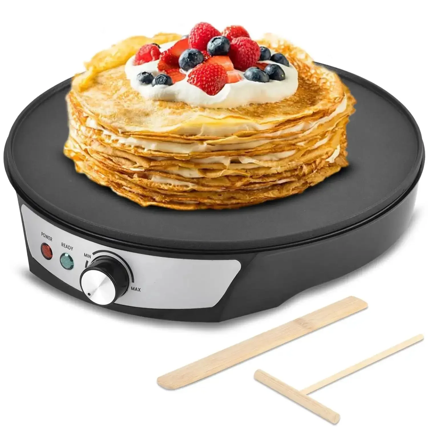 12 Inch Electric Crepe Maker With Nonstick Surface, Adjustable Temperature Control, Led Indicator Lights, Spreader And Spatula Included, Great For Crepes, Pancakes, Tortillas, Dosa And More