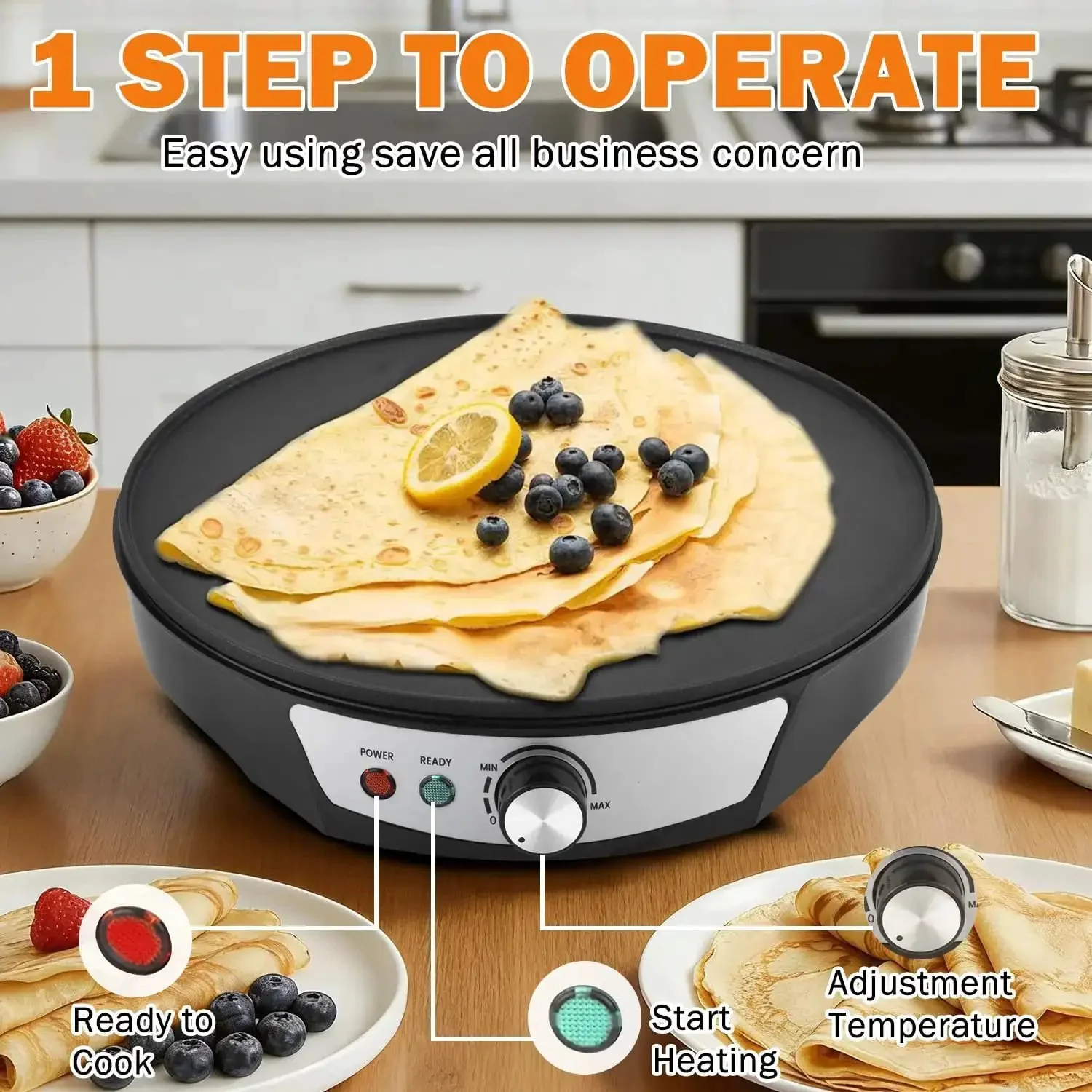 12 Inch Electric Crepe Maker With Nonstick Surface, Adjustable Temperature Control, Led Indicator Lights, Spreader And Spatula Included, Great For Crepes, Pancakes, Tortillas, Dosa And More - Image 7