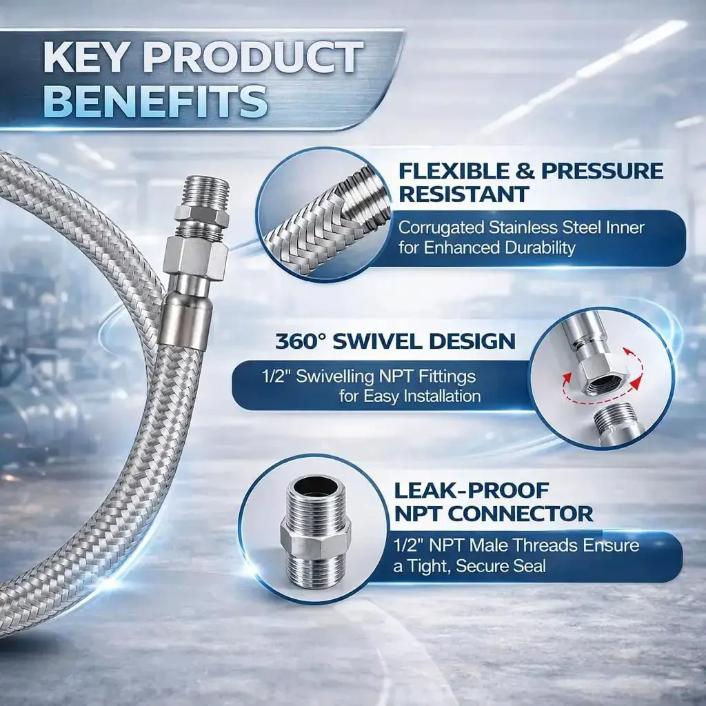 1/2 Inch NPT Male 20 Inch Compressor Jumper Hose With Dual Swivel Fittings, Industrial Grade Stainless Steel, 450 PSI Rating, 750 F Heat Tolerance, Heavy Duty Air Line Connector for Home Shop and Professional Pneumatic Systems - Image 7