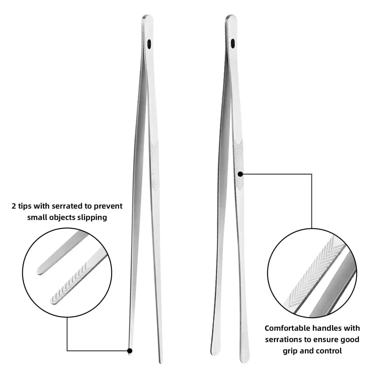 12 Inch Stainless Steel Kitchen Tongs And Tweezers 2 Piece Set With Pro Grade Precision Serrated Tips For Home Chefs Grilling Serving Pasta Salad BBQ Reusable Easy To Clean Dishwasher Safe - Image 6
