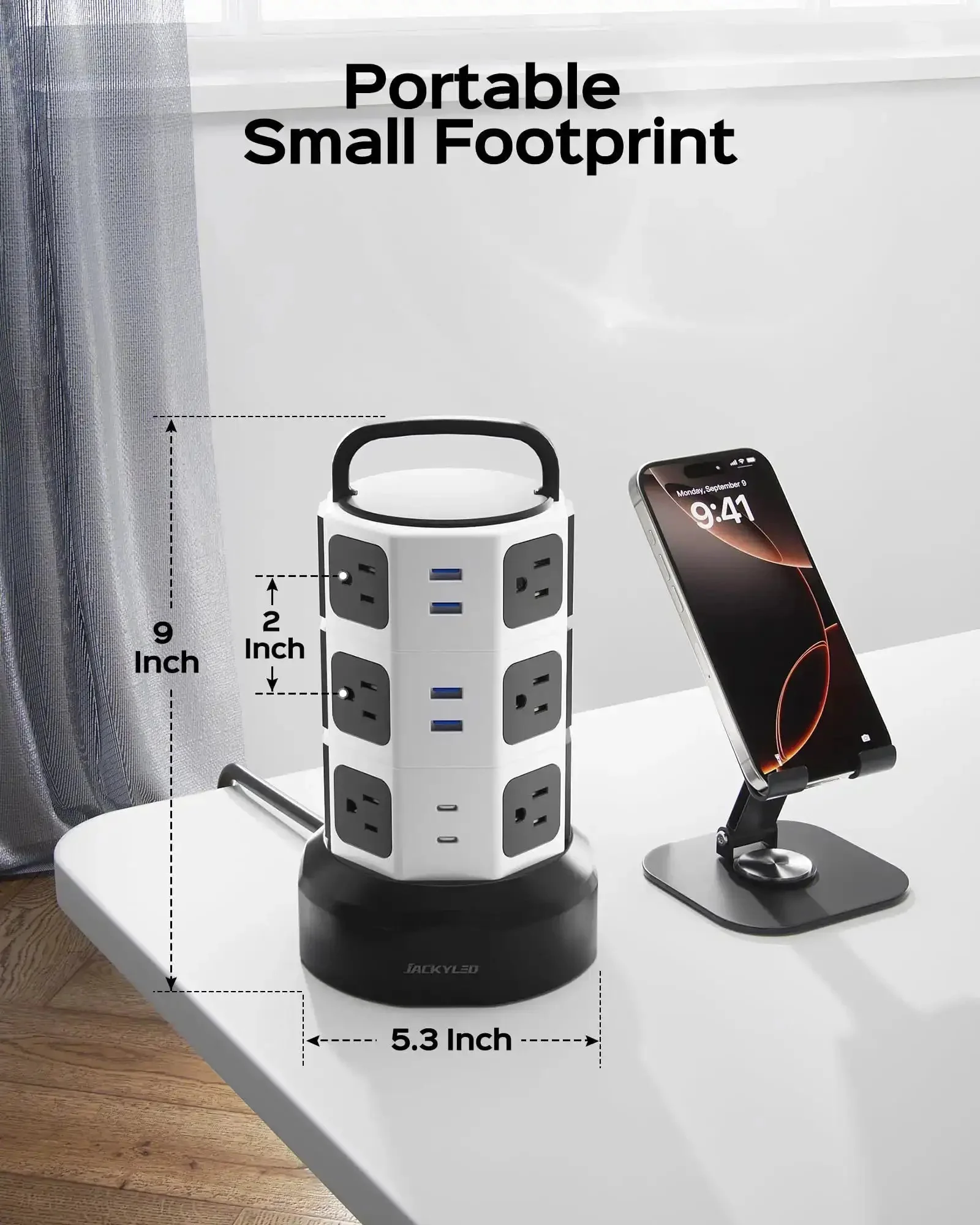 12 Outlet Surge Protector Tower With 6 USB Ports And 2 USB-C, 6.5 Foot Extension Cord For Home Office Setup, 1050J Surge Protection, 1625W 13A Power Strip, Space Saving Design With Easy Access Angled Outlets - Image 2
