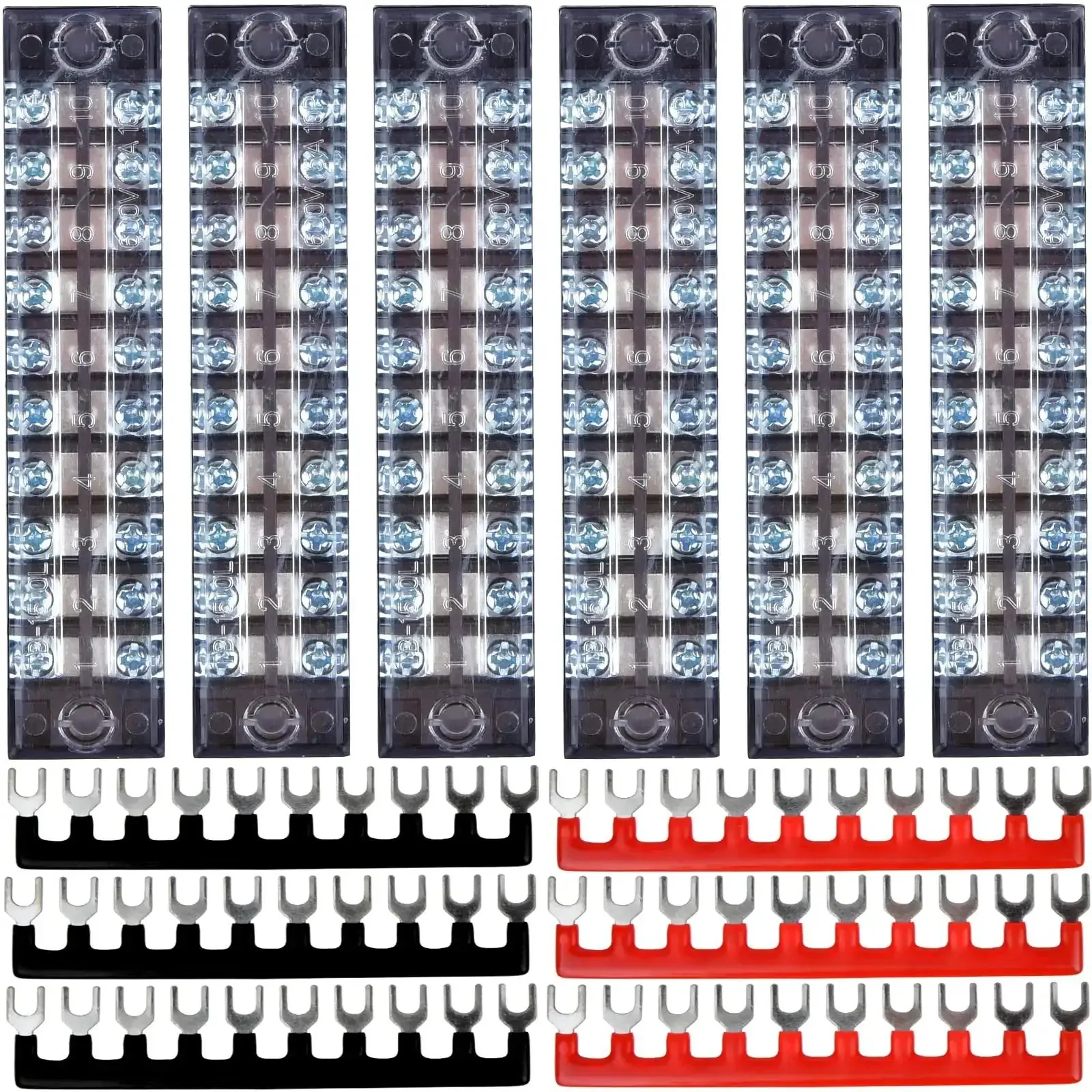 12 Pack 10 Position Screw Terminal Blocks With Covers And Ground Pluggable PCB And Busbar 600V 15A Dual Row Insulated Beefy Copper Conductors For Reliable High Current Wiring