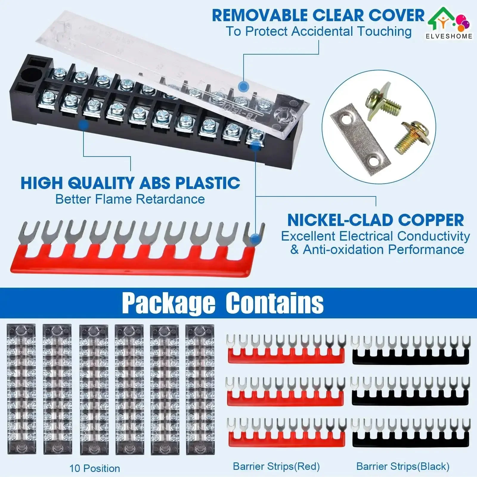 12 Pack 10 Position Screw Terminal Blocks With Covers And Ground Pluggable PCB And Busbar 600V 15A Dual Row Insulated Beefy Copper Conductors For Reliable High Current Wiring - Image 5