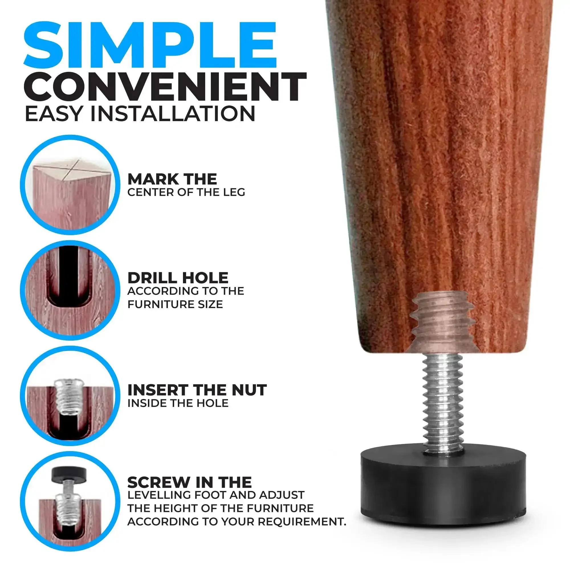12 Pack All Rubber Quarter Inch 20 UNC Leveling Feet With Inserts For Table Chair And Stool Legs, Adjustable Height From 0.35 To 0.85 Inches, Grippy, Easy Install, Durable Non Slip Levelers - Image 3