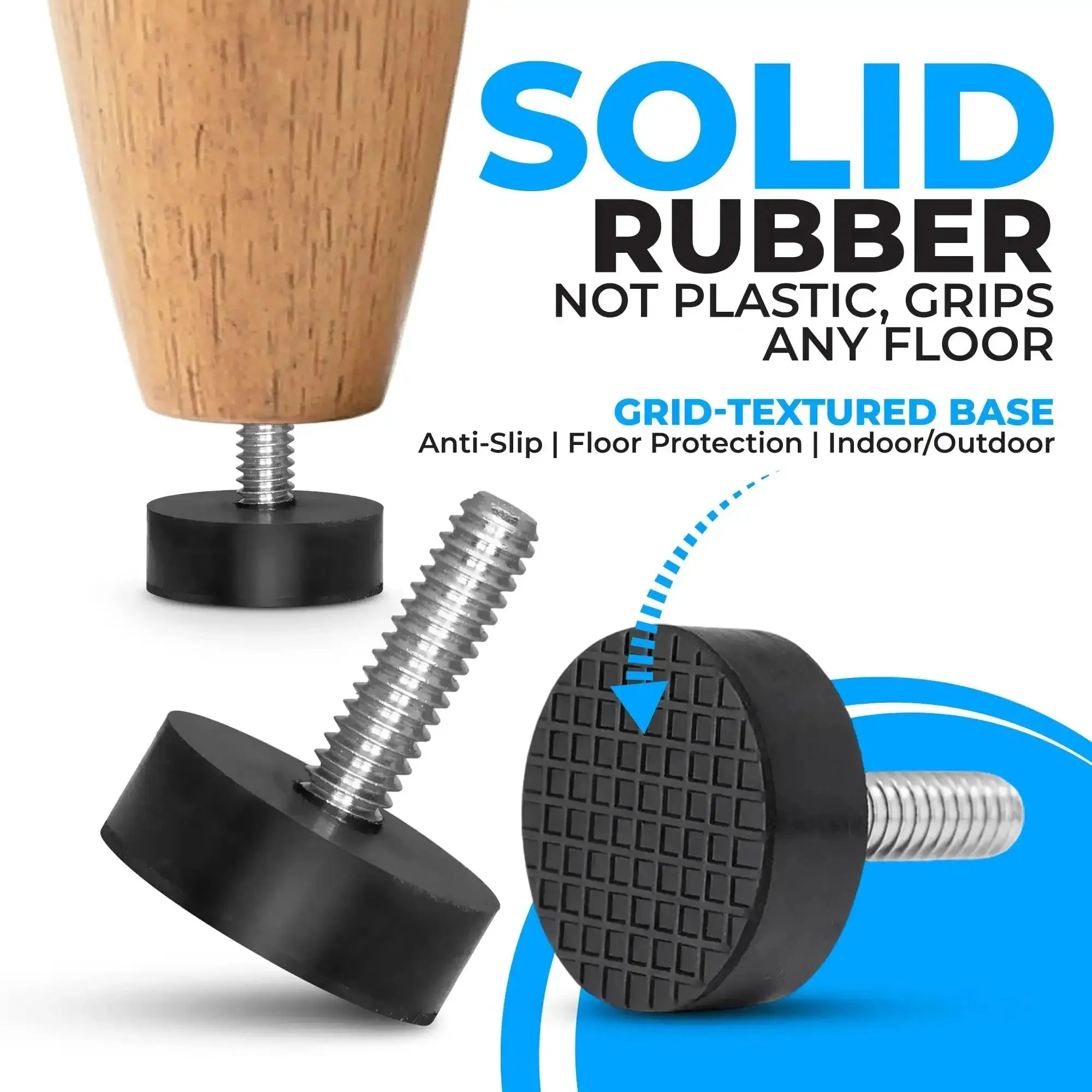 12 Pack All Rubber Quarter Inch 20 UNC Leveling Feet With Inserts For Table Chair And Stool Legs, Adjustable Height From 0.35 To 0.85 Inches, Grippy, Easy Install, Durable Non Slip Levelers - Image 5