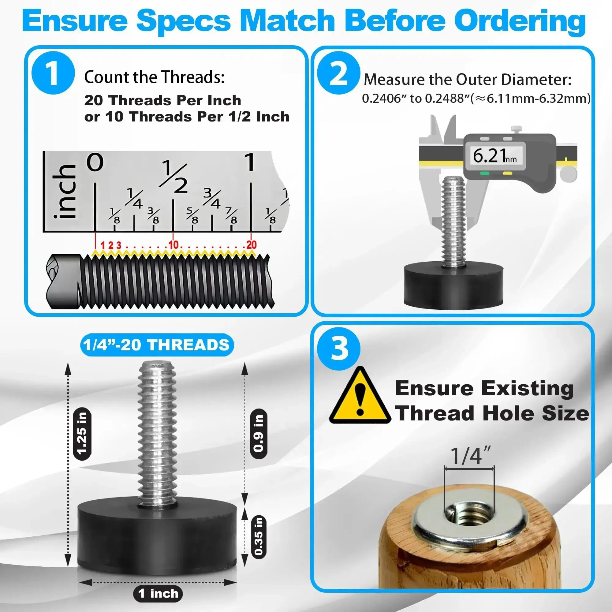 12 Pack All Rubber Quarter Inch 20 UNC Leveling Feet With Inserts For Table Chair And Stool Legs, Adjustable Height From 0.35 To 0.85 Inches, Grippy, Easy Install, Durable Non Slip Levelers - Image 7