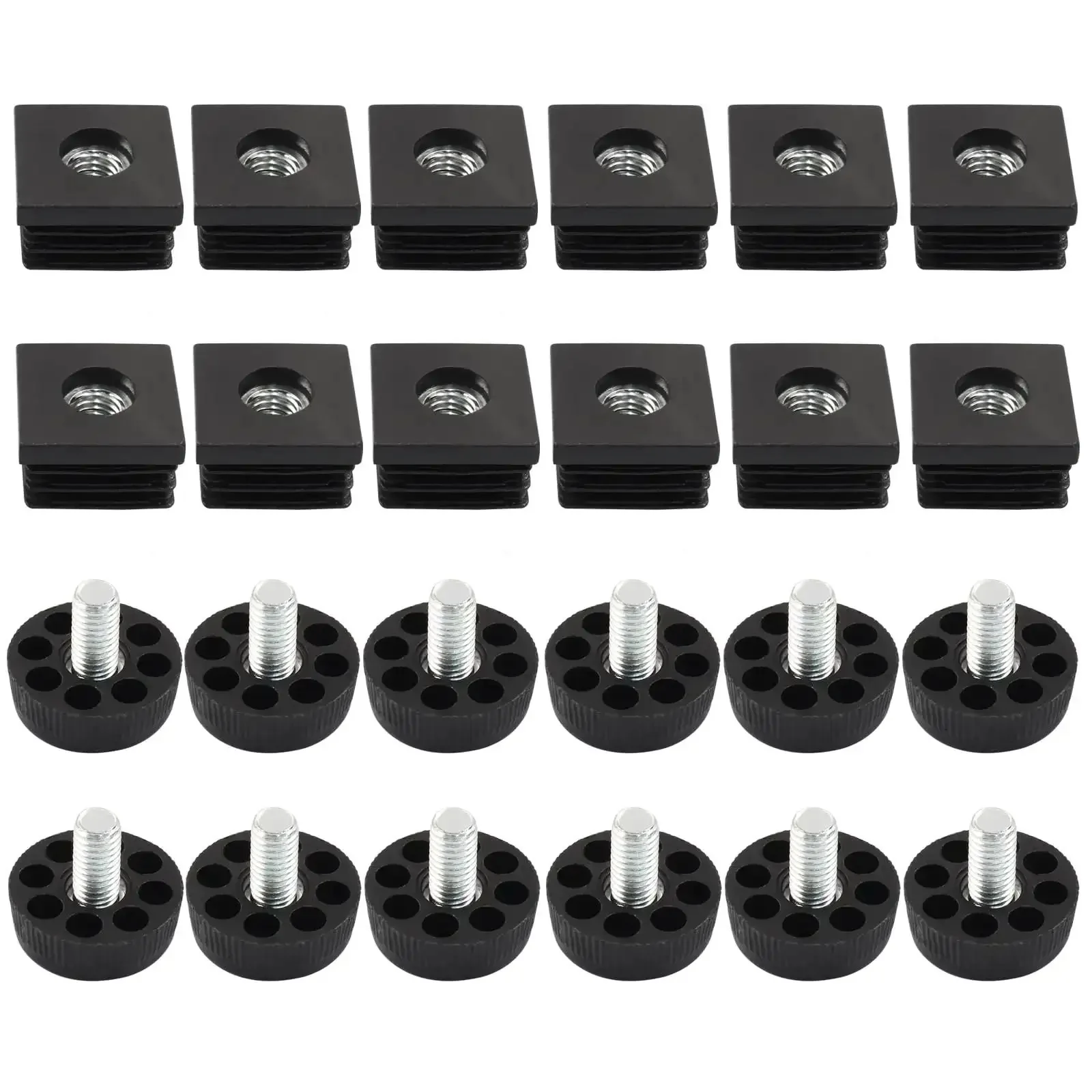 12 Pack Black Square Tube Insert Kits With Adjustable Feet For 1x1 Inch OD Square Pipe, Leveling Pads, M8 Thread, 14mm Screw, Durable Inserts For Framing, Racks, Stands And DIY Projects