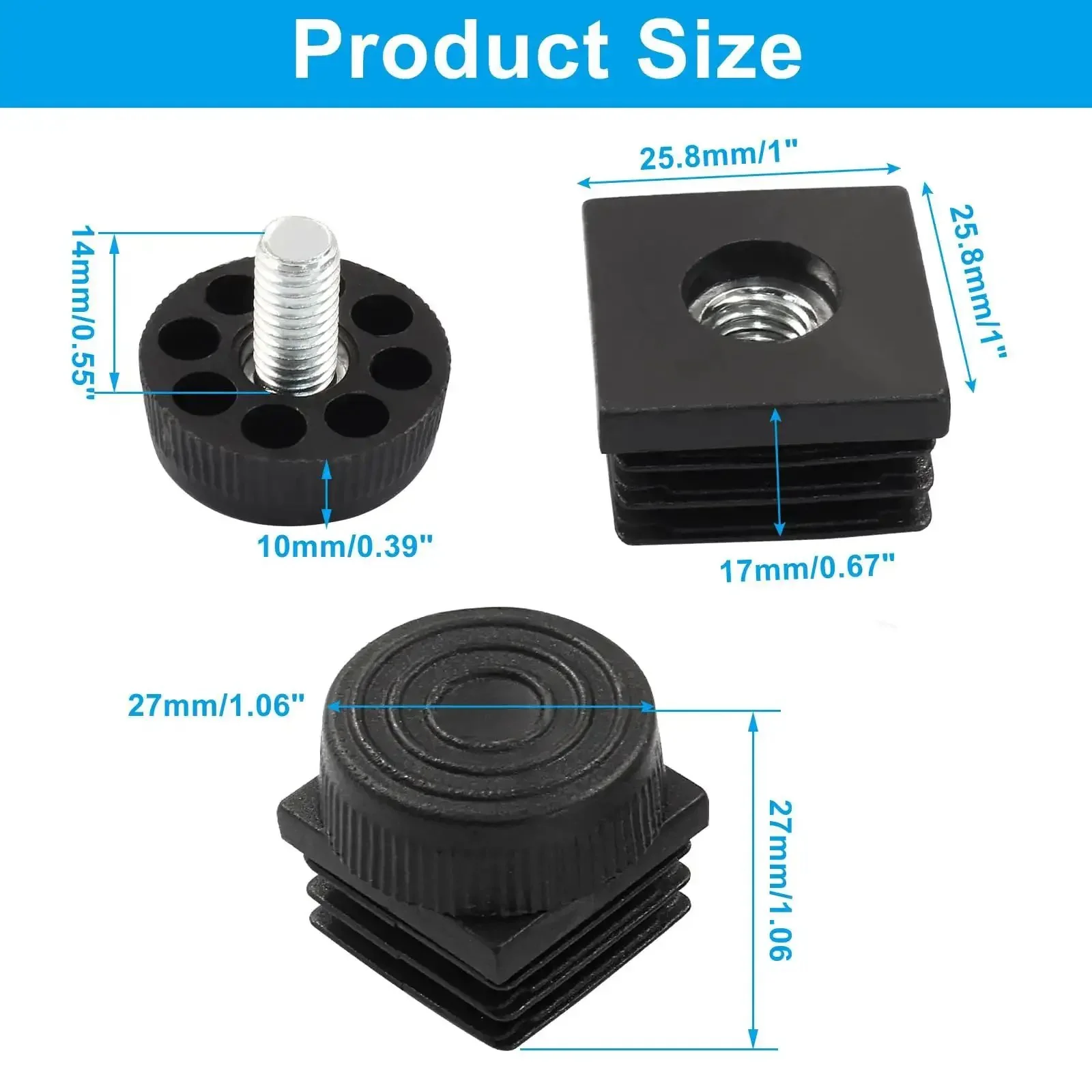 12 Pack Black Square Tube Insert Kits With Adjustable Feet For 1x1 Inch OD Square Pipe, Leveling Pads, M8 Thread, 14mm Screw, Durable Inserts For Framing, Racks, Stands And DIY Projects - Image 5