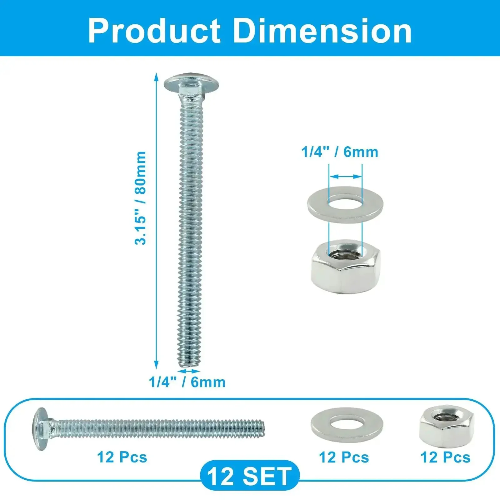 12 Pack Carriage Bolt Kit 1/4-20 X 3 Inch Galvanized Round Head Bolts With Nuts And Washers Full Thread Heavy Duty Hardware Set For Furniture TV Mounts And Indoor Outdoor Projects - Image 2