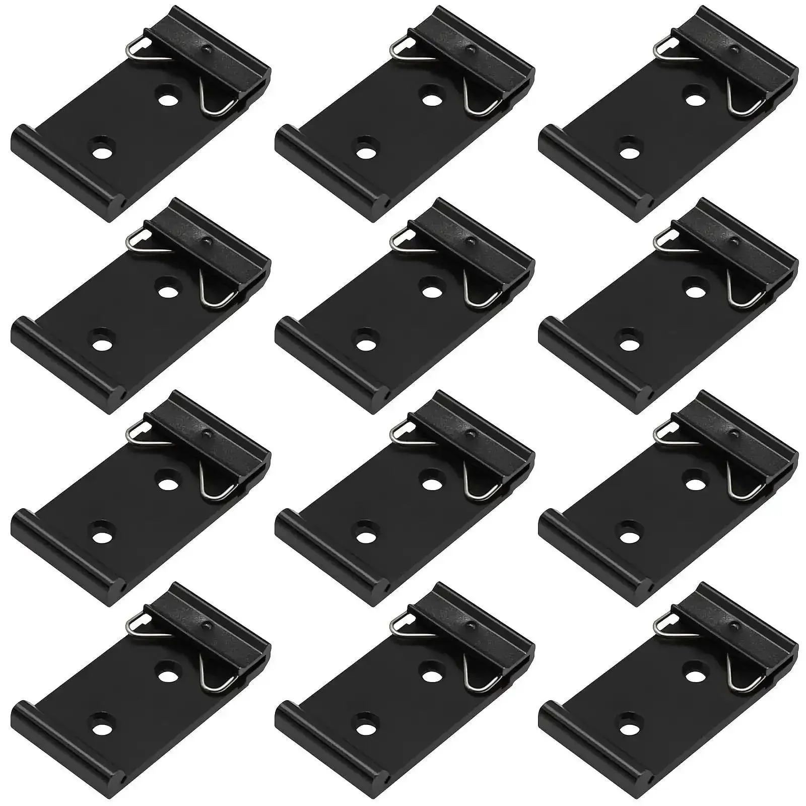 12 Pack Din Rail Mounting Clips One Point Oh Eight Inch Wide Snap In Universal Black Aluminum Alloy Relay Clips for 35mm Din Rail Switches and Injectors Durable Easy Install Great for Electrical Panels and Enclosures