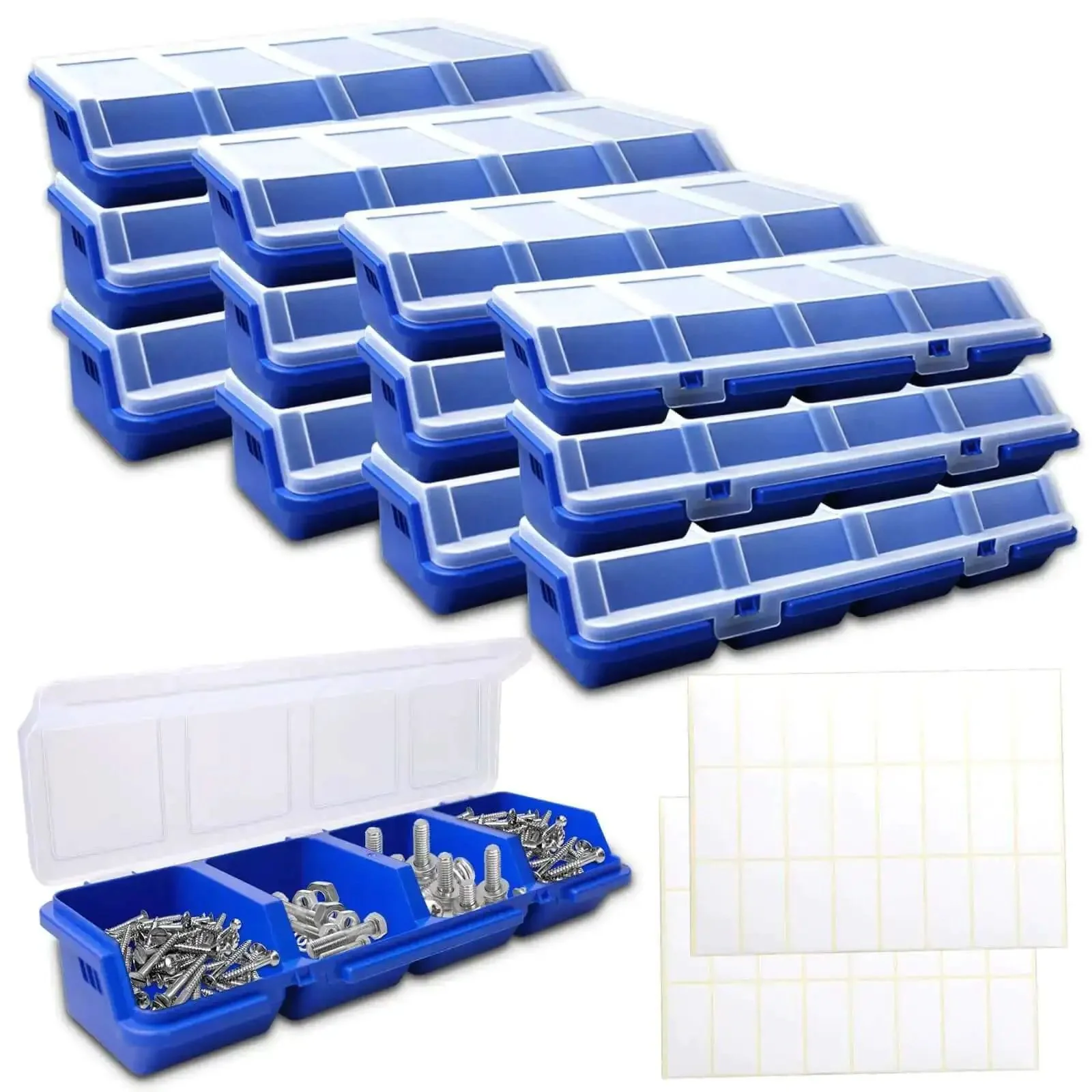 12 Pack Screw Organizer Boxes With Lids, Four-Compartment Dividers, Blue Toolbox Style Storage Case For Garage And Workshop, Keeps Small Parts, Screws, Bolts, Nuts, And Craft Supplies Sorted