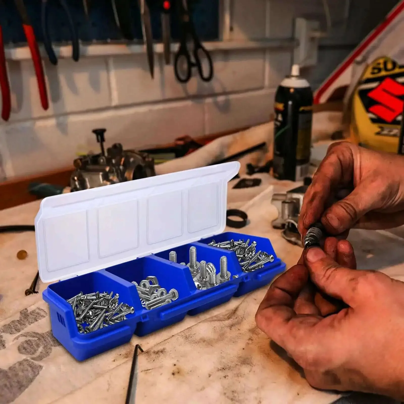 12 Pack Screw Organizer Boxes With Lids, Four-Compartment Dividers, Blue Toolbox Style Storage Case For Garage And Workshop, Keeps Small Parts, Screws, Bolts, Nuts, And Craft Supplies Sorted - Image 3