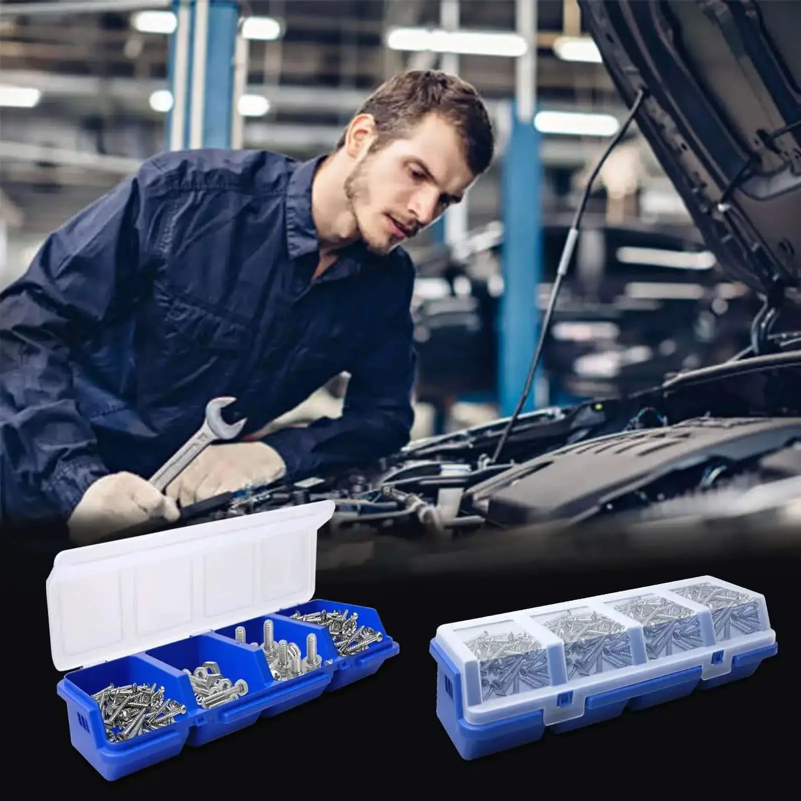 12 Pack Screw Organizer Boxes With Lids, Four-Compartment Dividers, Blue Toolbox Style Storage Case For Garage And Workshop, Keeps Small Parts, Screws, Bolts, Nuts, And Craft Supplies Sorted - Image 4