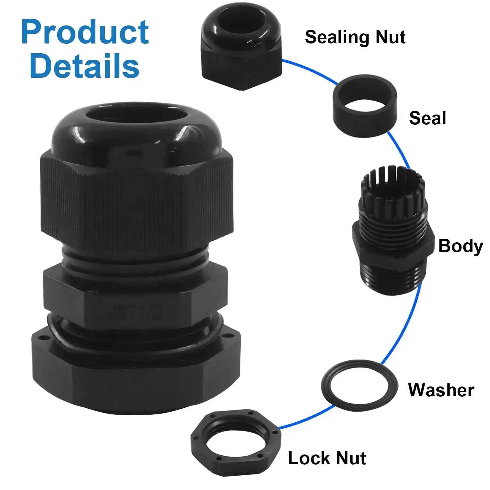 12 Pcs Half Inch NPT Nylon Cable Glands Waterproof Adjustable Cord Grips With Locknut And Gaskets Beefed-Up Heavy Duty Strain Relief For Electrical Industrial And Automotive Wires - Image 4