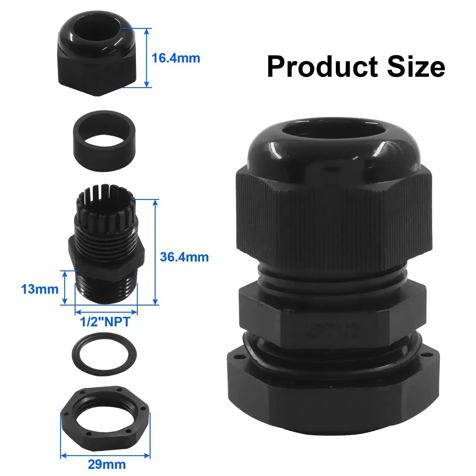 12 Pcs Half Inch NPT Nylon Cable Glands Waterproof Adjustable Cord Grips With Locknut And Gaskets Beefed-Up Heavy Duty Strain Relief For Electrical Industrial And Automotive Wires - Image 5