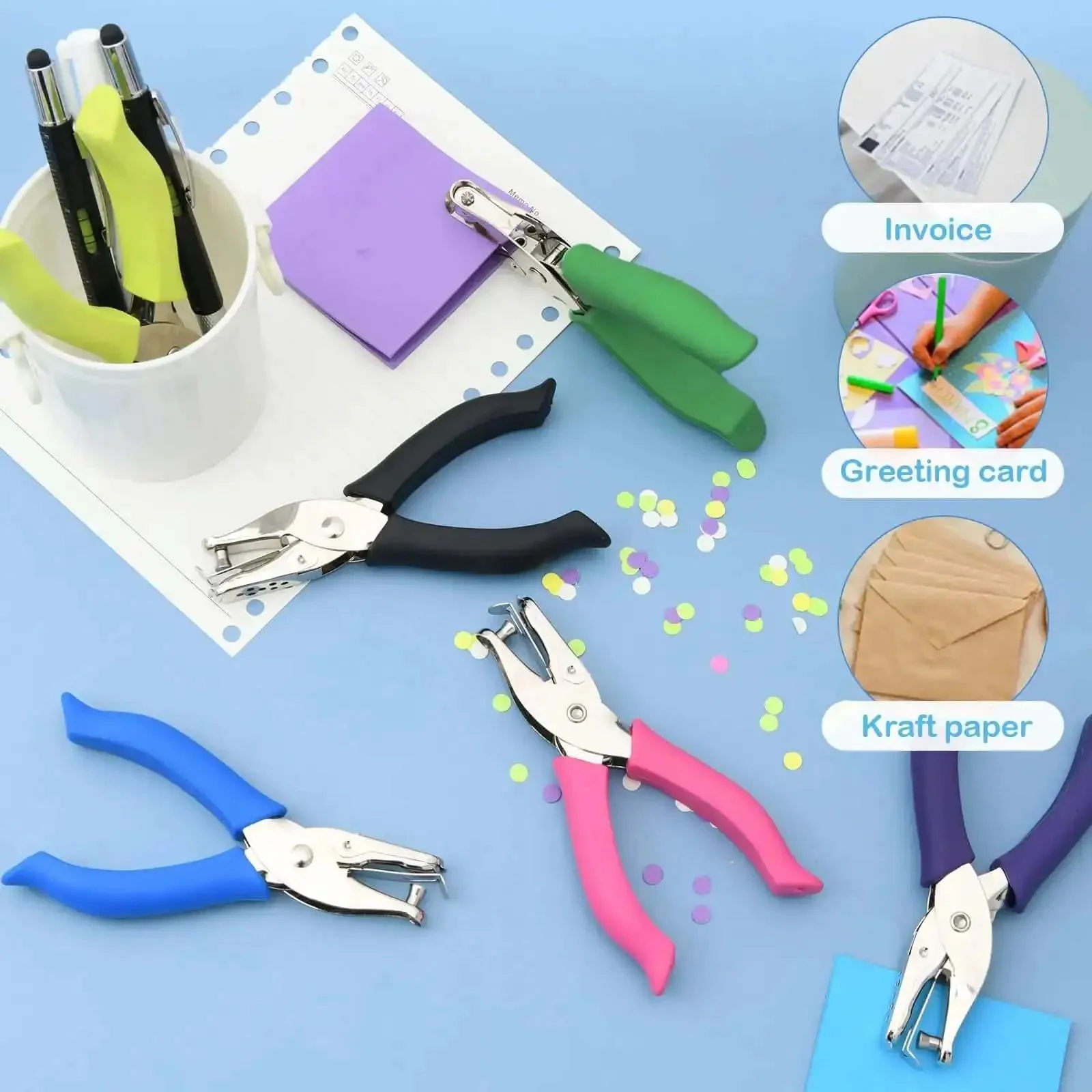 12 Piece Handheld Hole Punch Kit With Grip Handles One Quarter Inch Circular Punches For Craft Paper Greeting Cards Scrapbooks And Notebooks In Black Green Deep Purple Fluorescent Yellow Rose Pink And Blue - Image 2