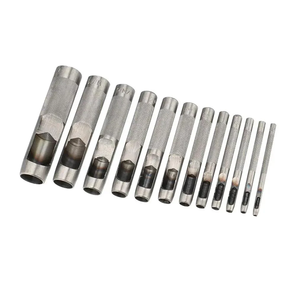 12 Piece Hollow Hole Punch Set For Leathercraft And DIY Projects With Knurled Grip Steel Punches One Eighth To Three Quarters Inch For Belts Watch Straps Bags Gaskets Rubber And More