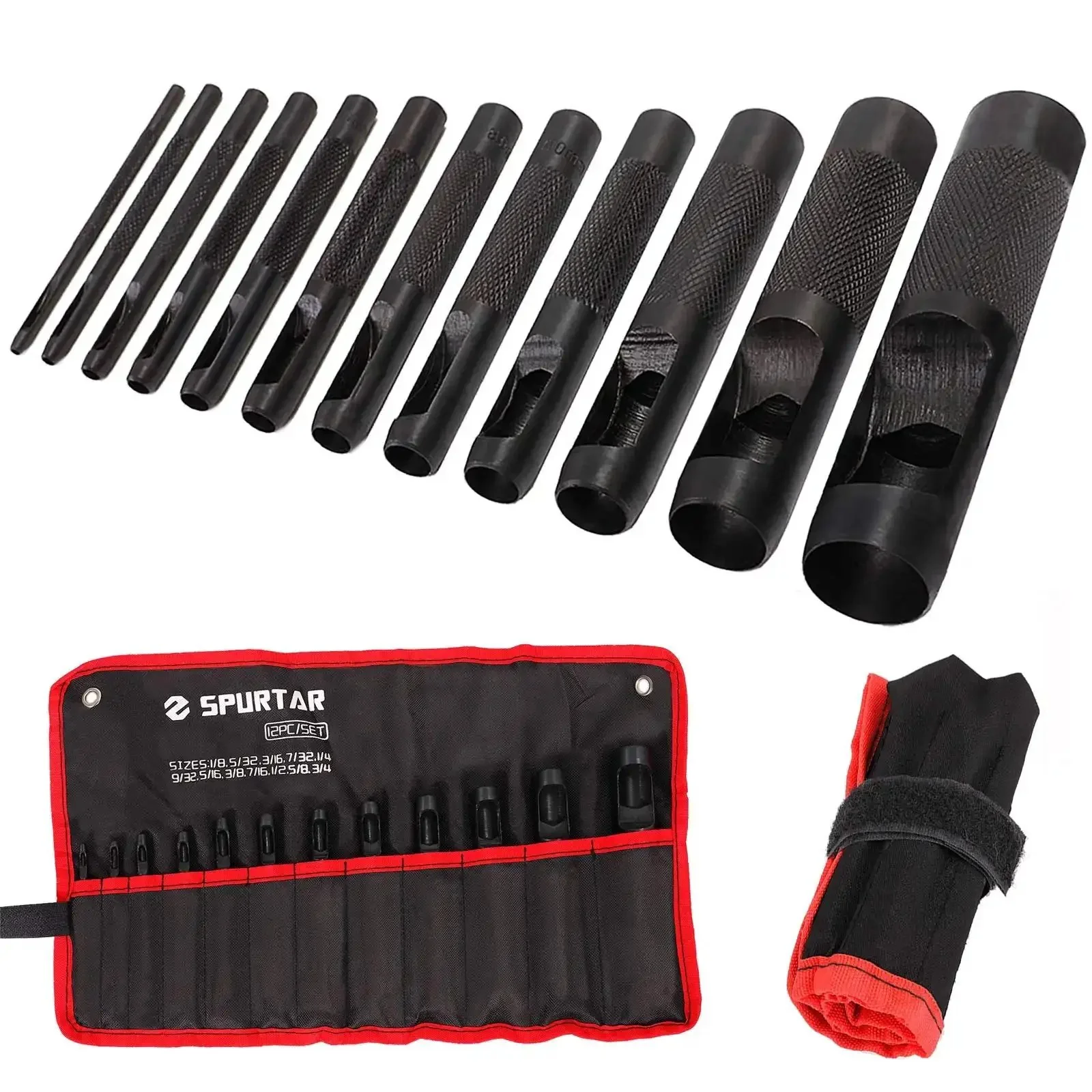 12 Piece Hollow Punch Set 1/8 To 3/4 Inch Built Tough Carbon Steel Leather Hole Punch Kit With Storage Bag For Belts, Watch Straps, Cloth And Gaskets And More DIY Projects