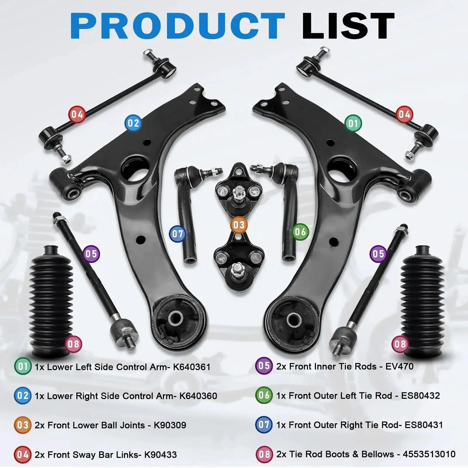 12 Piece Suspension Kit For Toyota Corolla 2003 2008 Includes Lower Control Arms With Ball Joints Front Sway Bar Links Tie Rods Boots And Bellows Replacement - Image 8