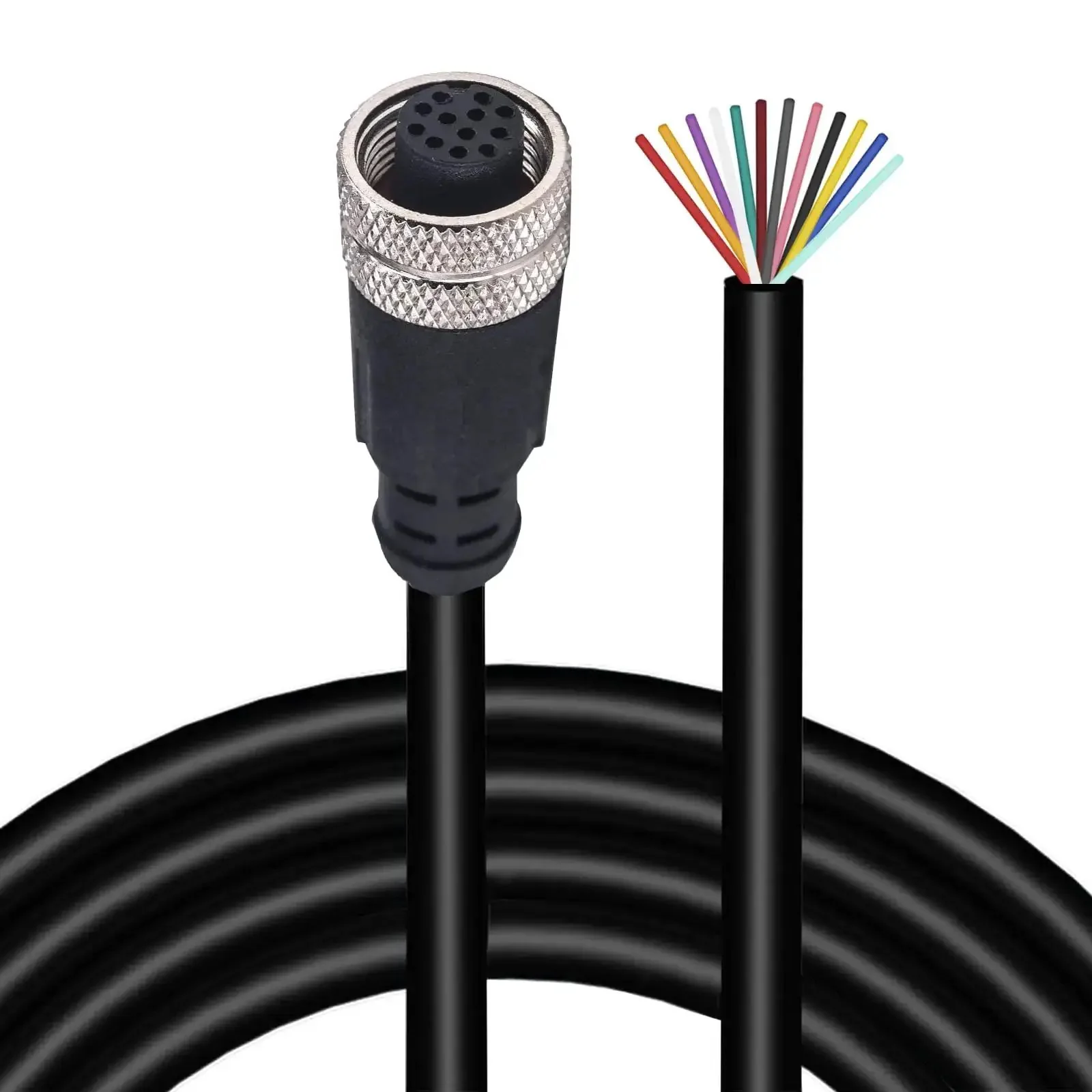 12 Pin Waterproof Sensor Cable For Industrial M12 Connector With Unshielded PVC Wire, Soldered Or Crimped Ends, IP67 Rated, Built Tough, Flexible Multi Strand Copper, Industrial Grade Signal Wire For AC DC Power And Data