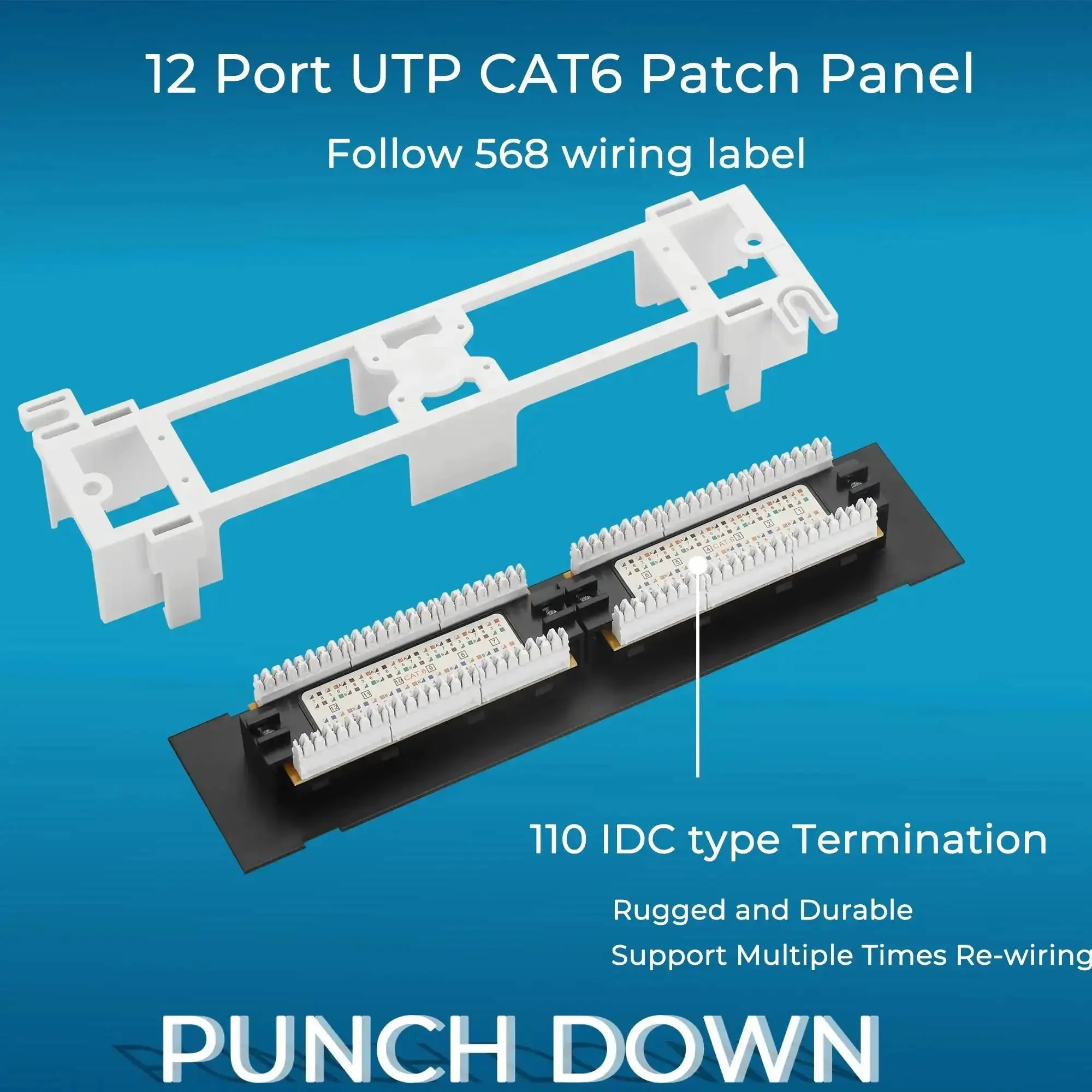 12 Port Cat6 Patch Panel With 10G Support For Home Networking, 1U Wall Mount Ethernet Patch Panel UTP 10 Inch Punch Down Block, Compatible With Cat5e Cat5 Cabling, High Speed Network Organizer - Image 3
