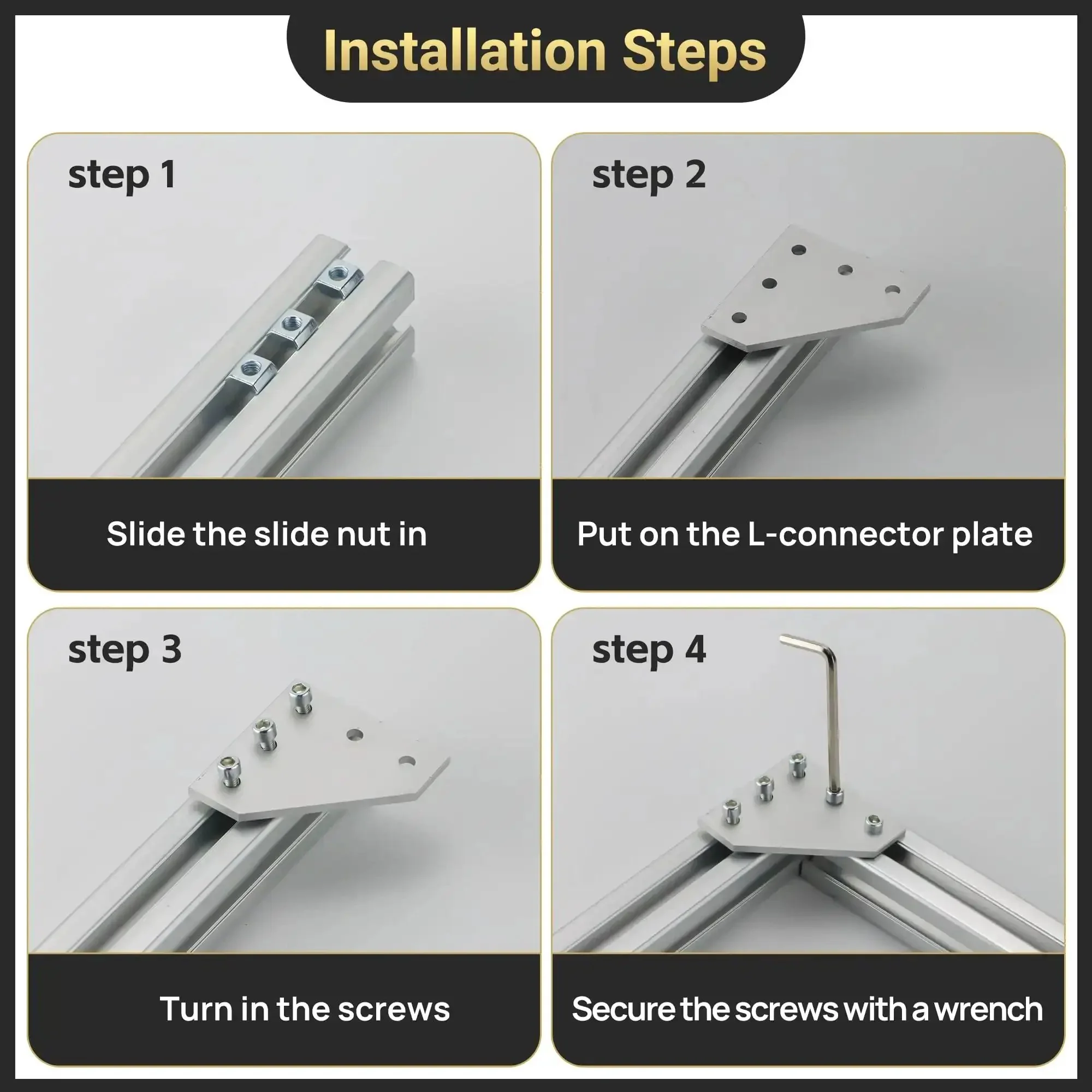 12 Set Corner Bracket Kit For 20x20mm Aluminum Extrusion Profiles With L Shape Joint Plates, 60 T Nuts, 60 Screws And 1 Wrench - DIY Corner Connector System For Quick, Solid Aluminum Frame Assembly, Silver - Image 2