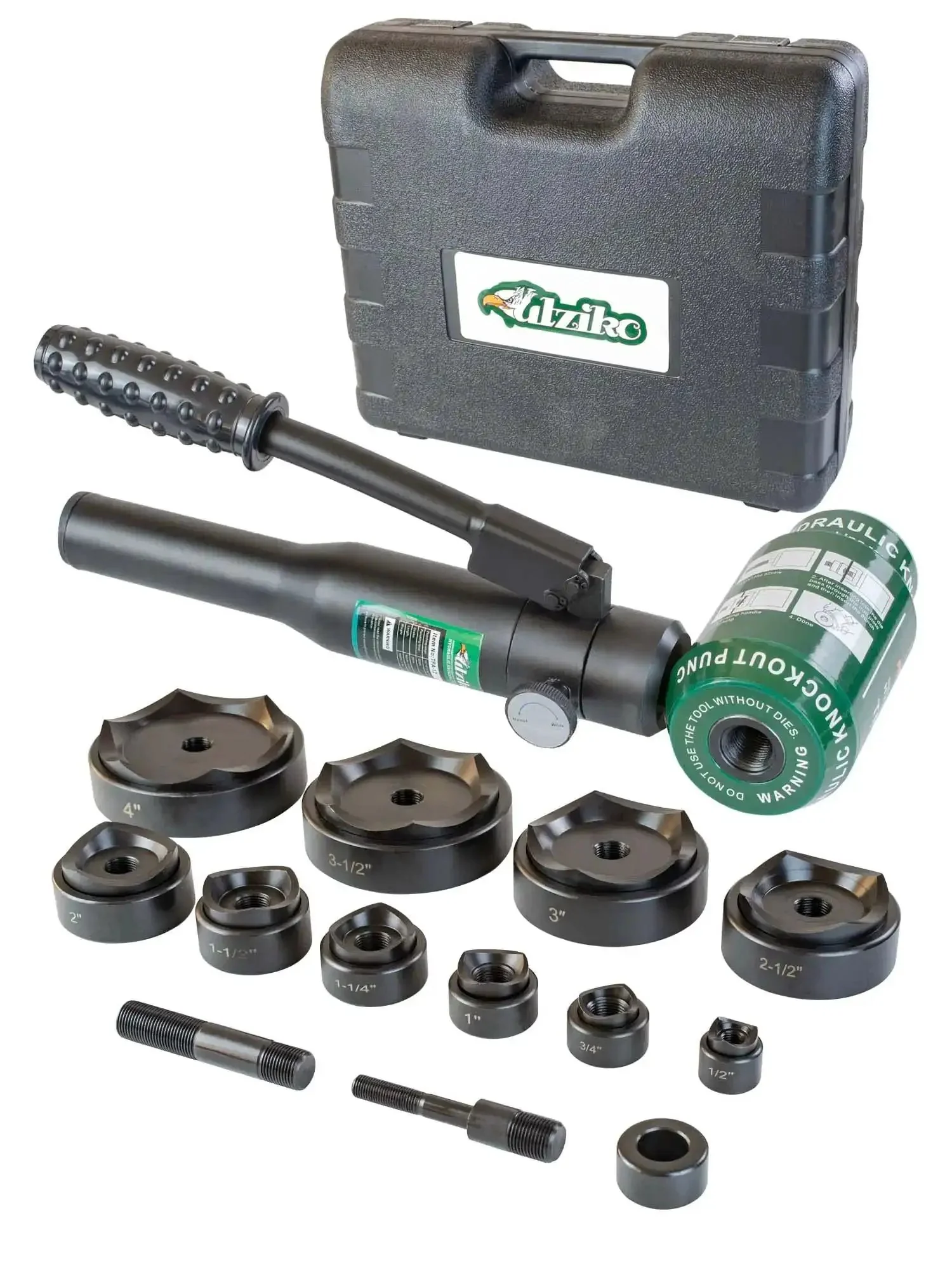 12 Ton Hydraulic Knockout Punch Kit For Electrical Conduit, 10 Dies Covering 1/2 Inch To 4 Inch, Heavy Duty KO Tool Set With Rugged Storage Case, 3/4-16UN And 7/16-20UN Compatible, Slug Removal, Fits GREENLEE And Other Domestic Tools