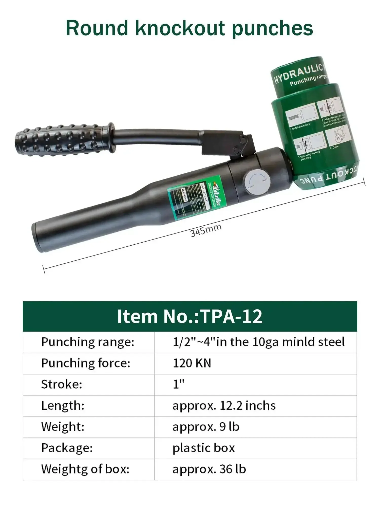 12 Ton Hydraulic Knockout Punch Kit For Electrical Conduit, 10 Dies Covering 1/2 Inch To 4 Inch, Heavy Duty KO Tool Set With Rugged Storage Case, 3/4-16UN And 7/16-20UN Compatible, Slug Removal, Fits GREENLEE And Other Domestic Tools - Image 6