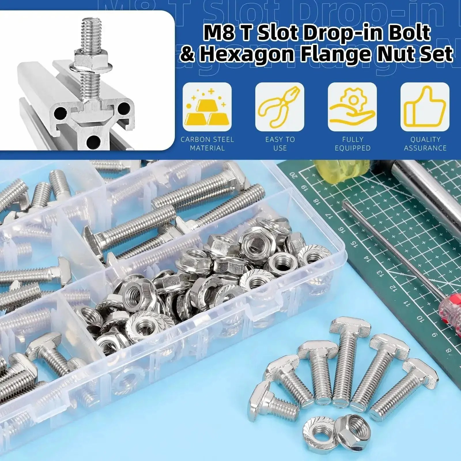 120 Pcs M8 T Slot Drop In Bolts With Hex Flange Nuts Hammer Head T Bolts In 16 20 25 30 35 40 Millimeter T Shape Stud Sliding Screws All In One Kit For Heavy Duty Aluminum Extrusion Projects - Image 6