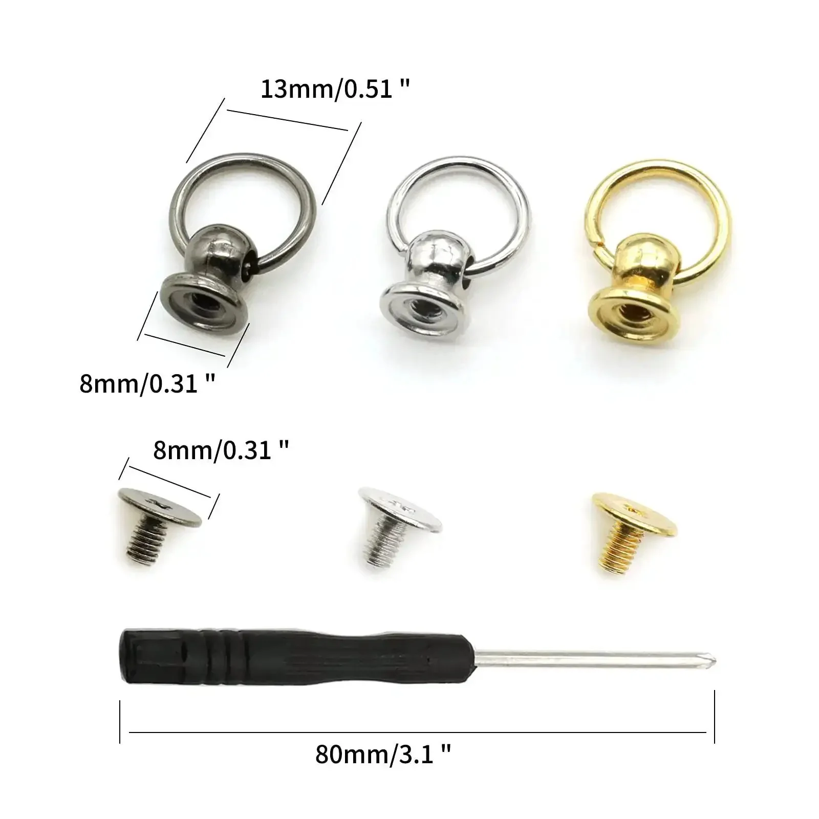 120 Pcs Screwback Round Head Rivets With Pull Ring Studs For DIY Leather Craft Bags Wallets Purses Shoes Belts Hats Jeans And More Includes Mini Screwdriver 8mm Zinc Alloy Hardware - Image 4