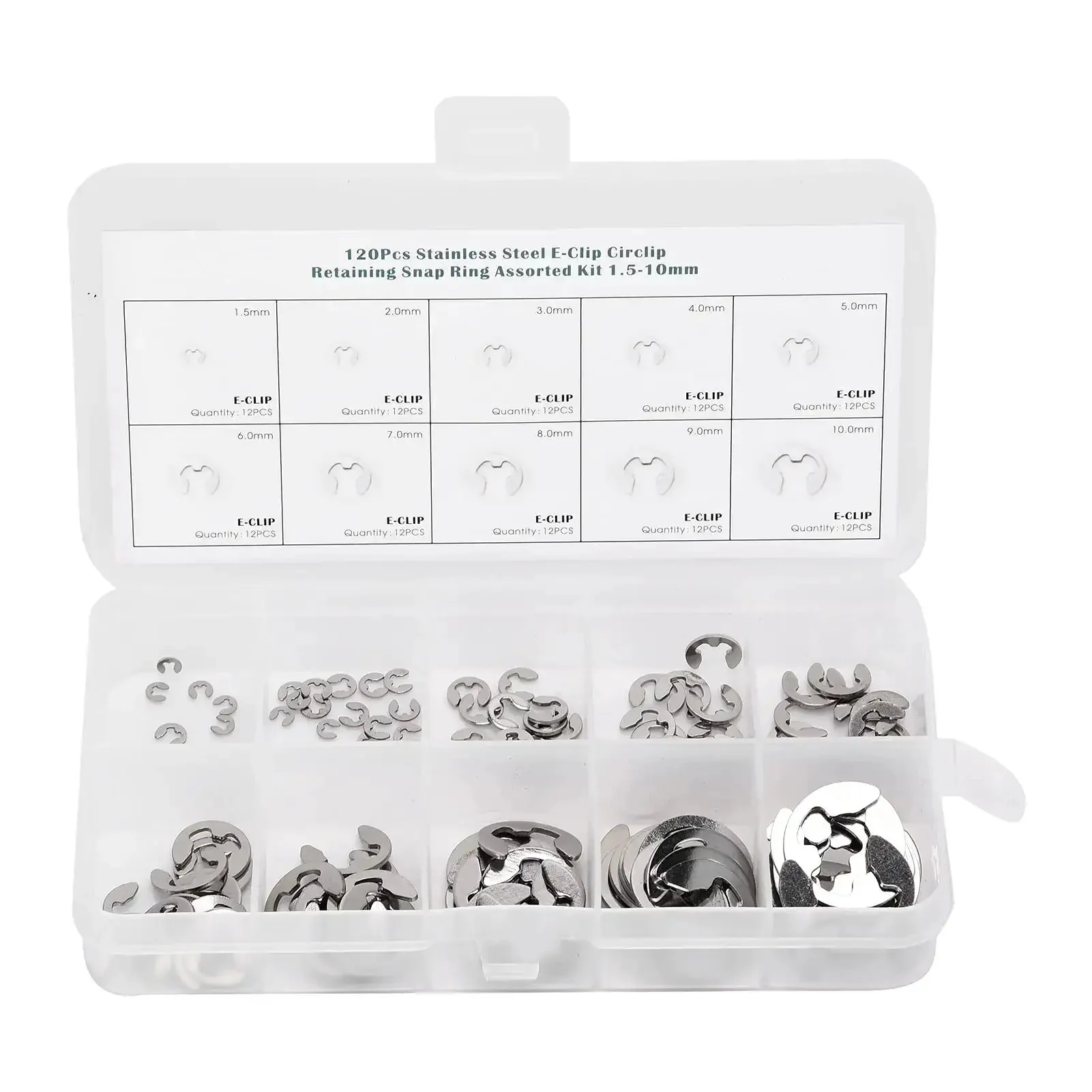120 Piece E Clip Set In Stainless Steel External Retaining Rings Circlips From 1.5mm To 10mm With Smooth No Burr Edges For Easy Clean Fit And Durable Performance Great For DIY Projects And Mechanical Repairs On The Go