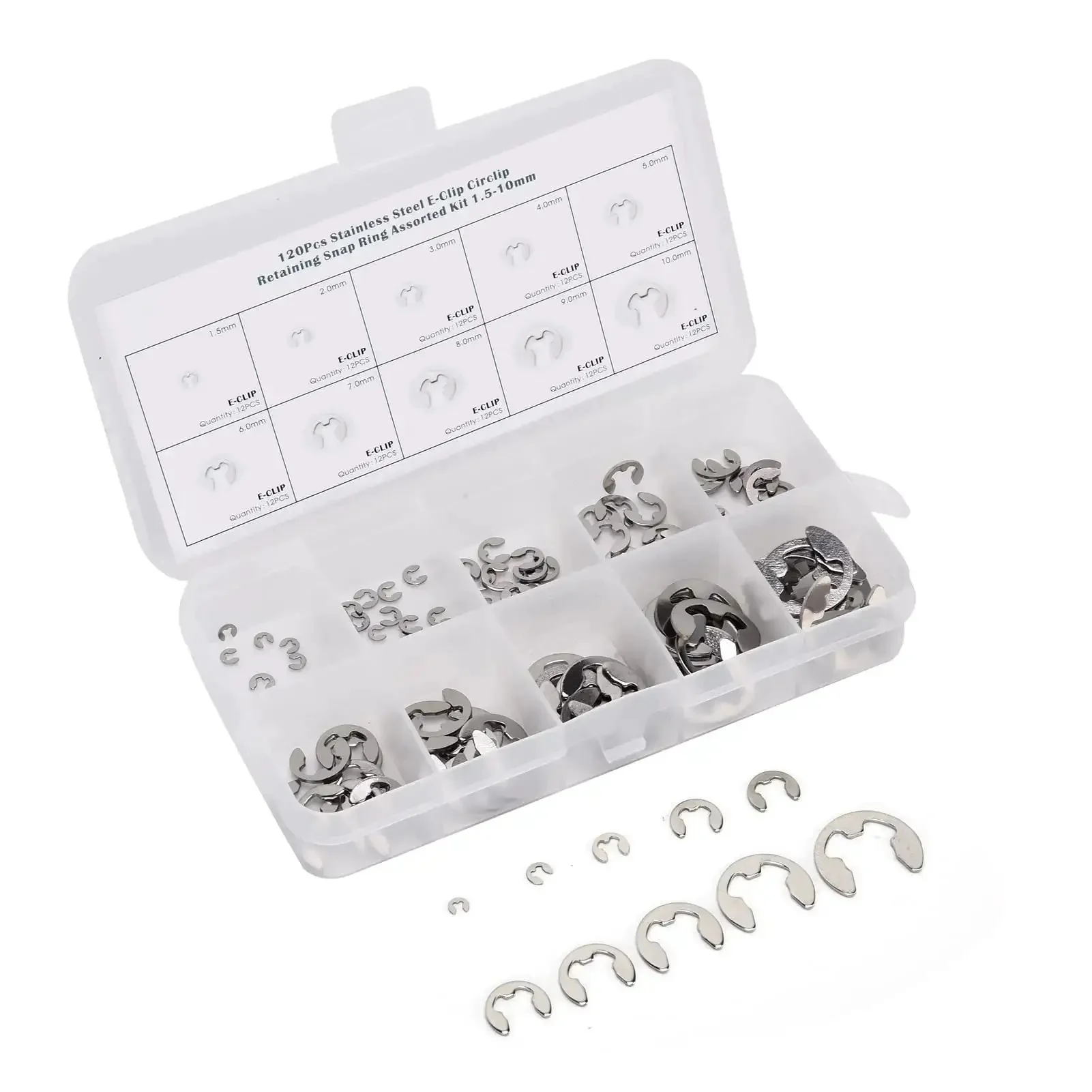 120 Piece E Clip Set In Stainless Steel External Retaining Rings Circlips From 1.5mm To 10mm With Smooth No Burr Edges For Easy Clean Fit And Durable Performance Great For DIY Projects And Mechanical Repairs On The Go - Image 2
