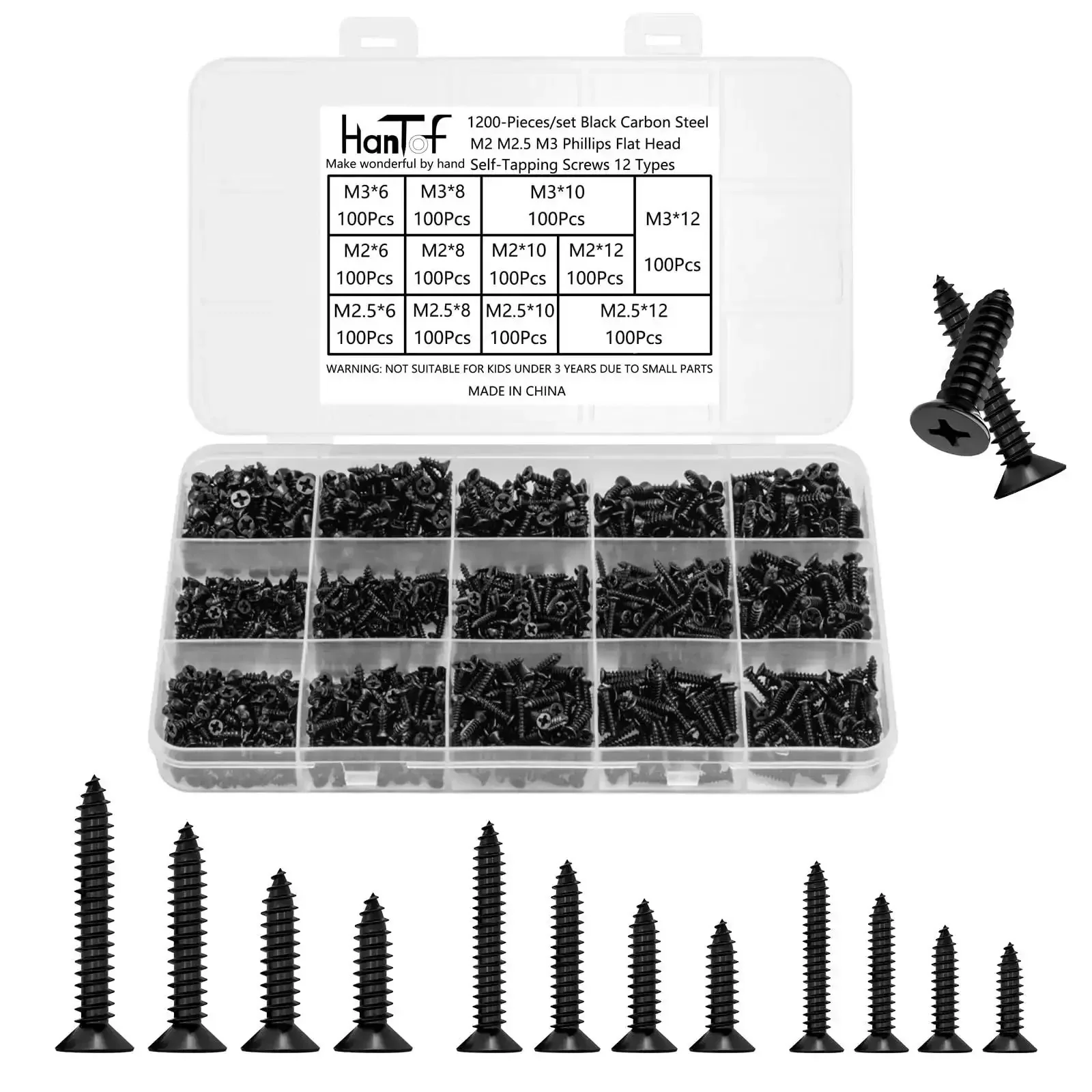 1200 Pcs Black Self Tapping Screws Set For Wood Plastic And Soft Metal Phillips Flat Head Countersunk Tiny Screws In M2 M2.5 M3 Sizes For DIY Micro Woodworking And Small Furniture Box Projects Carbon Steel