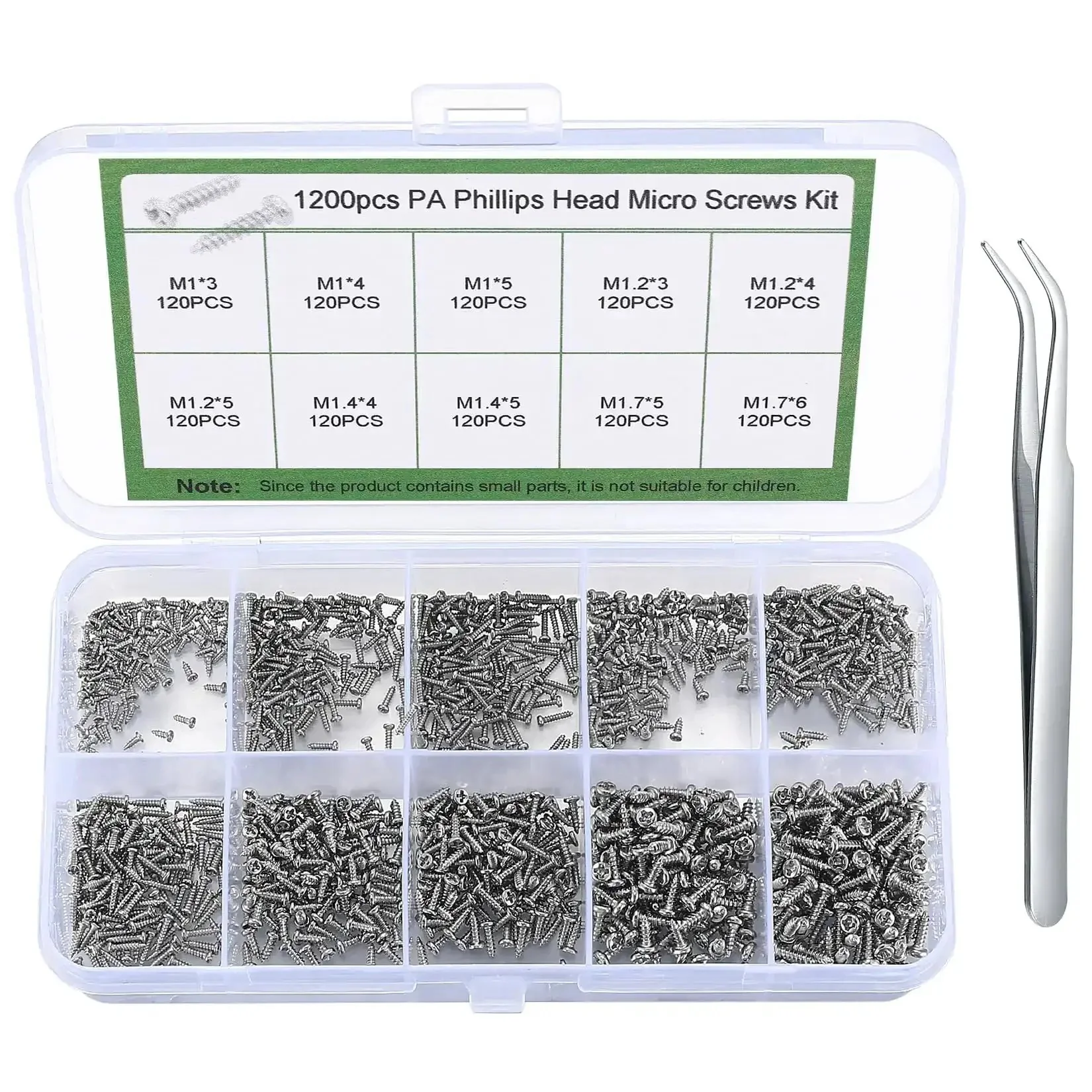 1200 Pcs Mini Screw Kit M1 M1.2 M1.4 M1.7 Micro Phillips Head Pan Screws For Electronics Sunglasses Watches Self Tapping Round Head Fasteners Nickel Plated Durable Repair Kit For DIY Projects