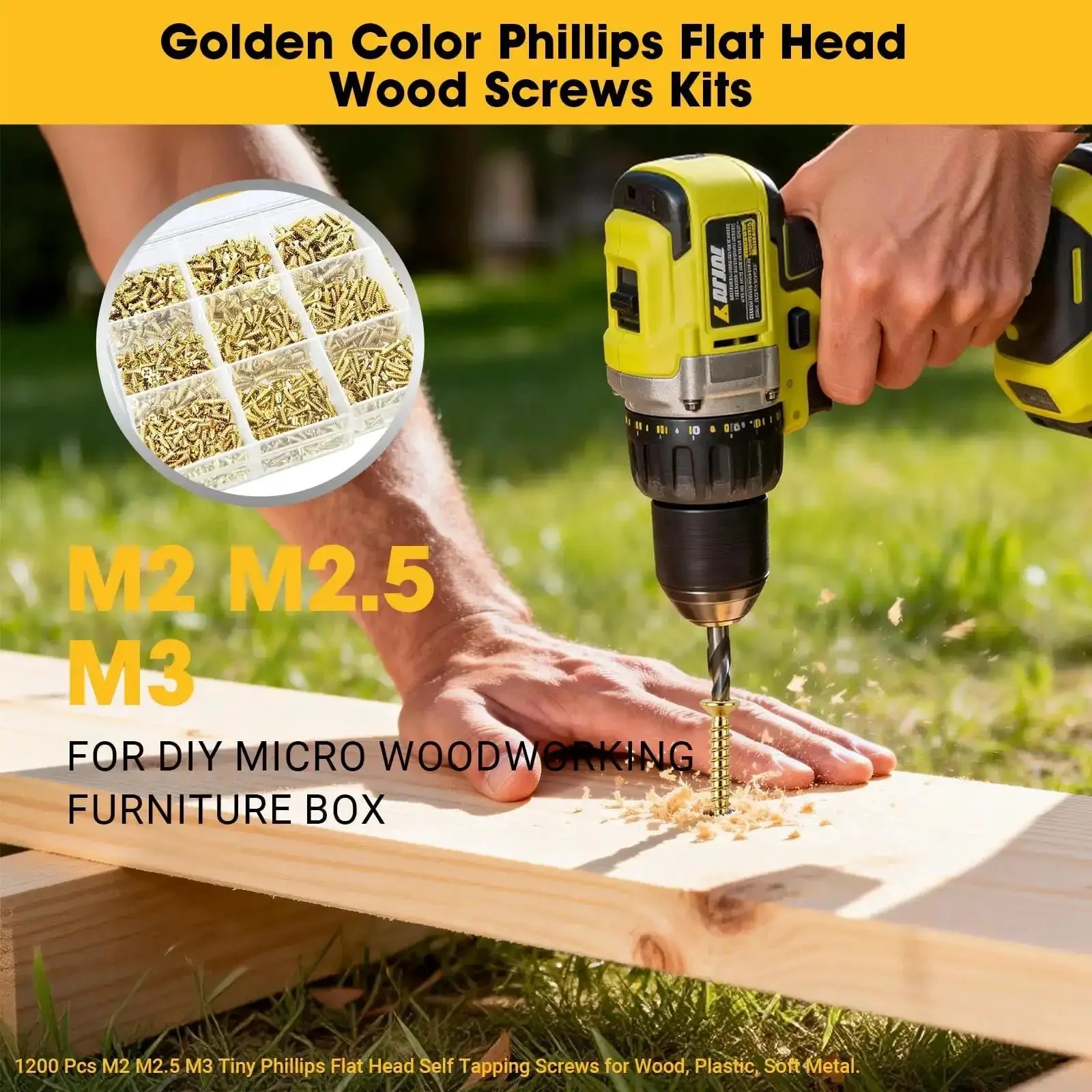 1200-Piece Self Tapping Screws Set For Plastic And Metal In M2 M2.5 M3 Phillips Flat Head Golden Carbon Steel Pro-Grade Assortment For Woodworking, DIY Projects Includes 12 Size Variety For Handy Fixes And Home Repairs - Image 5