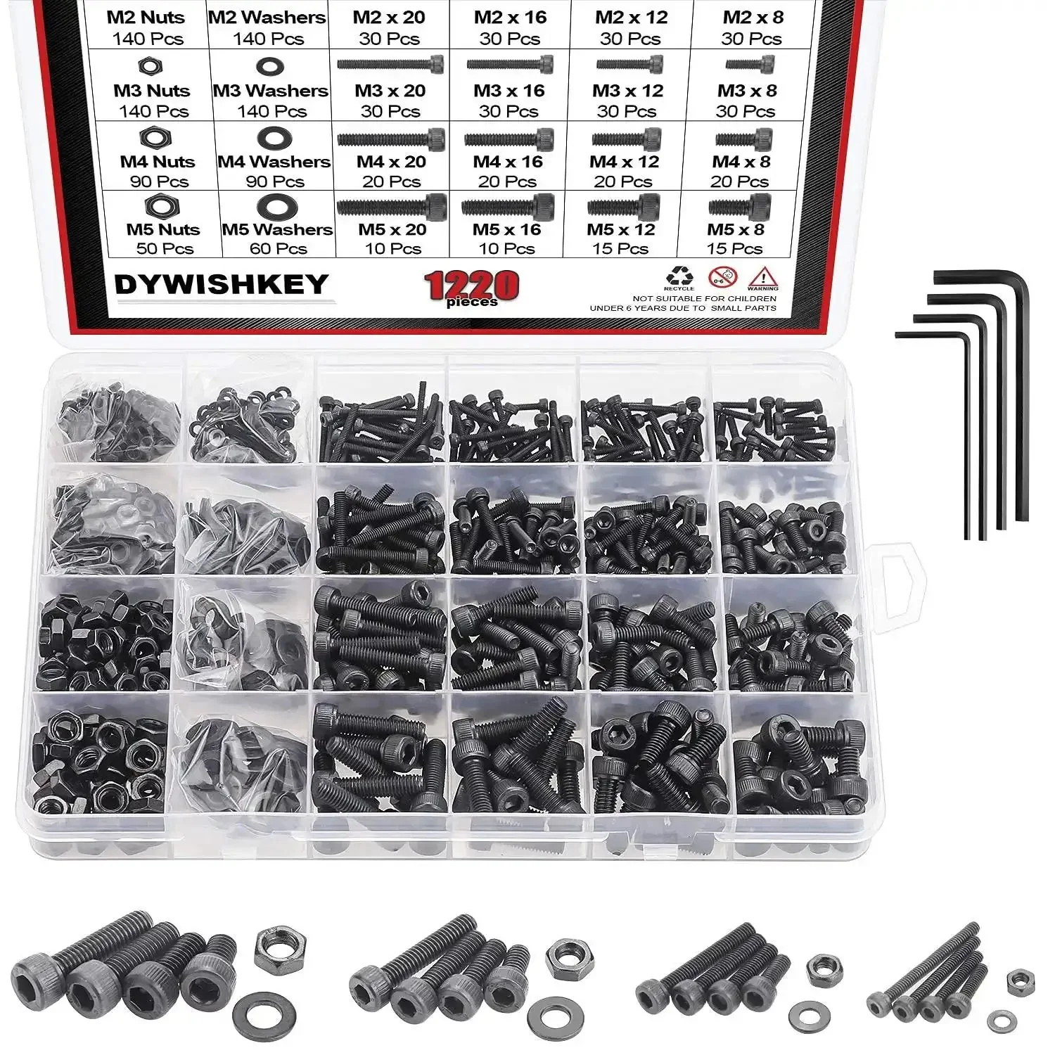 1220 Piece M2 M3 M4 M5 Hex Socket Head Cap Bolts Set With Nuts Washers Screws And Hex Wrenches In Twelve Point Nine Grade Alloy Steel Heavy Duty Kit For Home And Shop Use