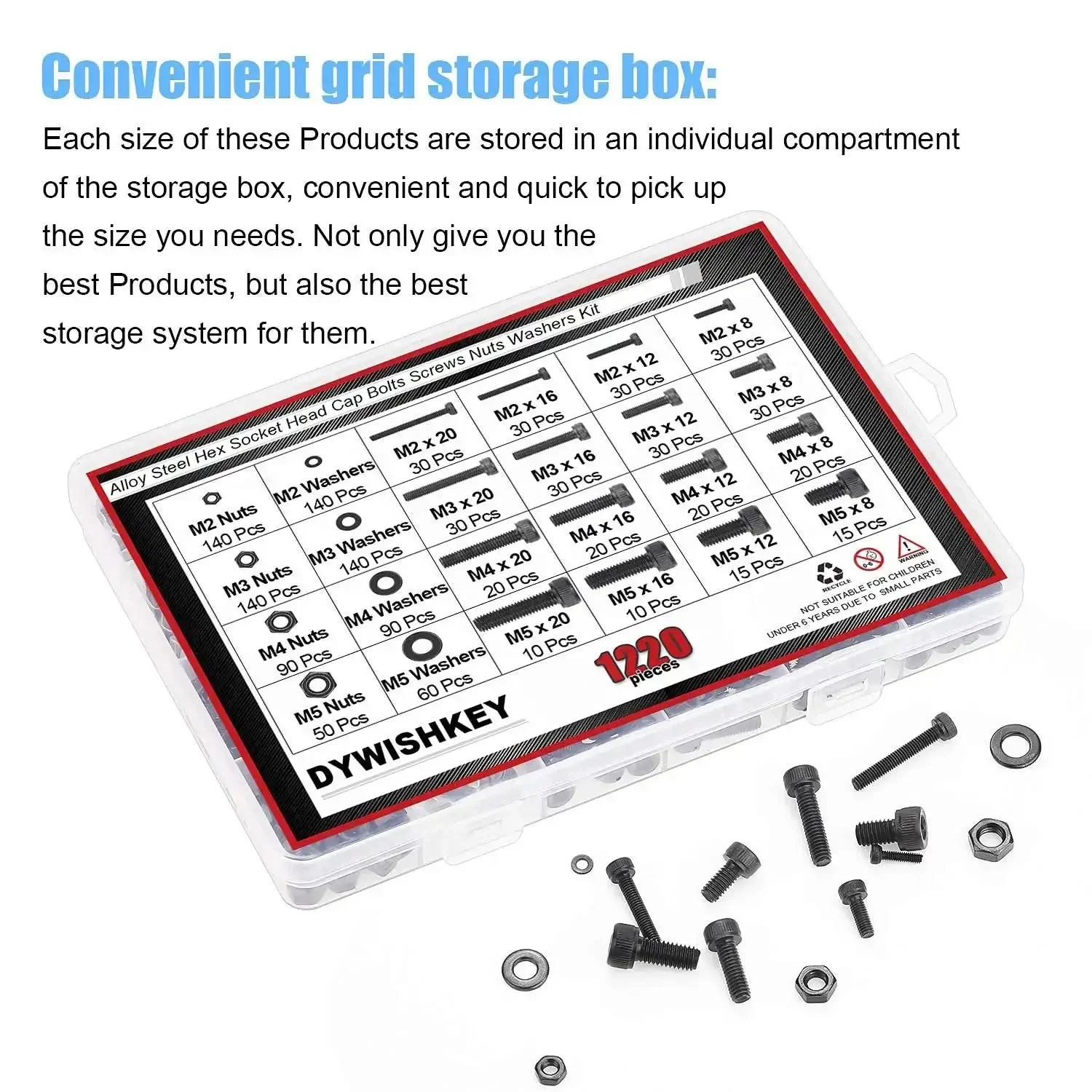 1220 Piece M2 M3 M4 M5 Hex Socket Head Cap Bolts Set With Nuts Washers Screws And Hex Wrenches In Twelve Point Nine Grade Alloy Steel Heavy Duty Kit For Home And Shop Use - Image 2