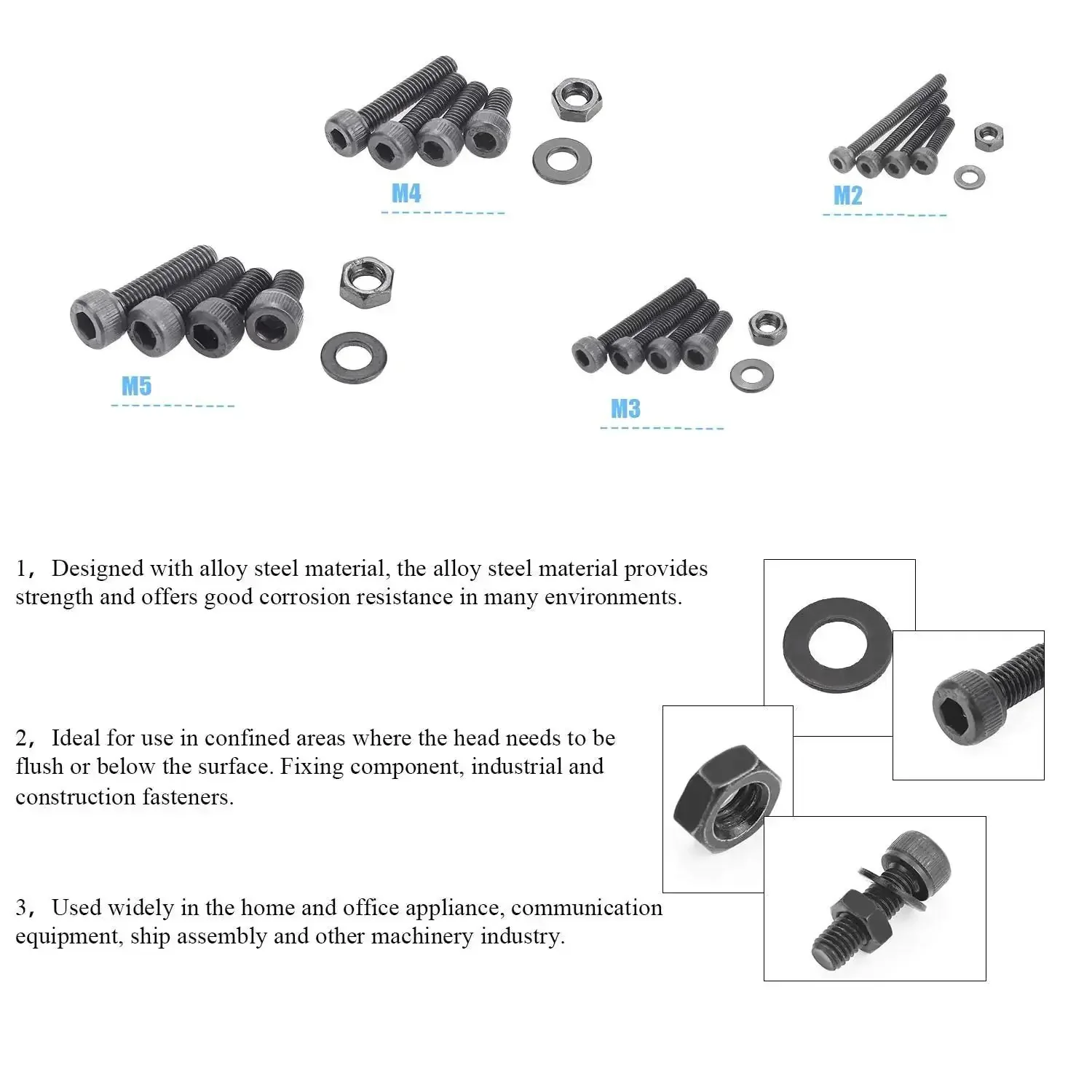 1220 Piece M2 M3 M4 M5 Hex Socket Head Cap Bolts Set With Nuts Washers Screws And Hex Wrenches In Twelve Point Nine Grade Alloy Steel Heavy Duty Kit For Home And Shop Use - Image 4