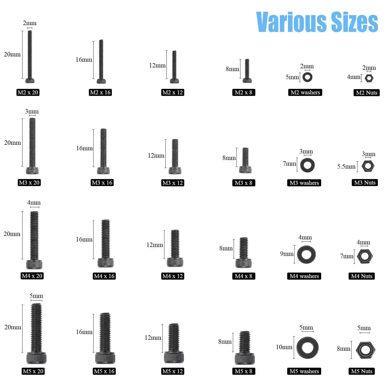 1220 Piece M2 M3 M4 M5 Hex Socket Head Cap Bolts Set With Nuts Washers Screws And Hex Wrenches In Twelve Point Nine Grade Alloy Steel Heavy Duty Kit For Home And Shop Use - Image 5