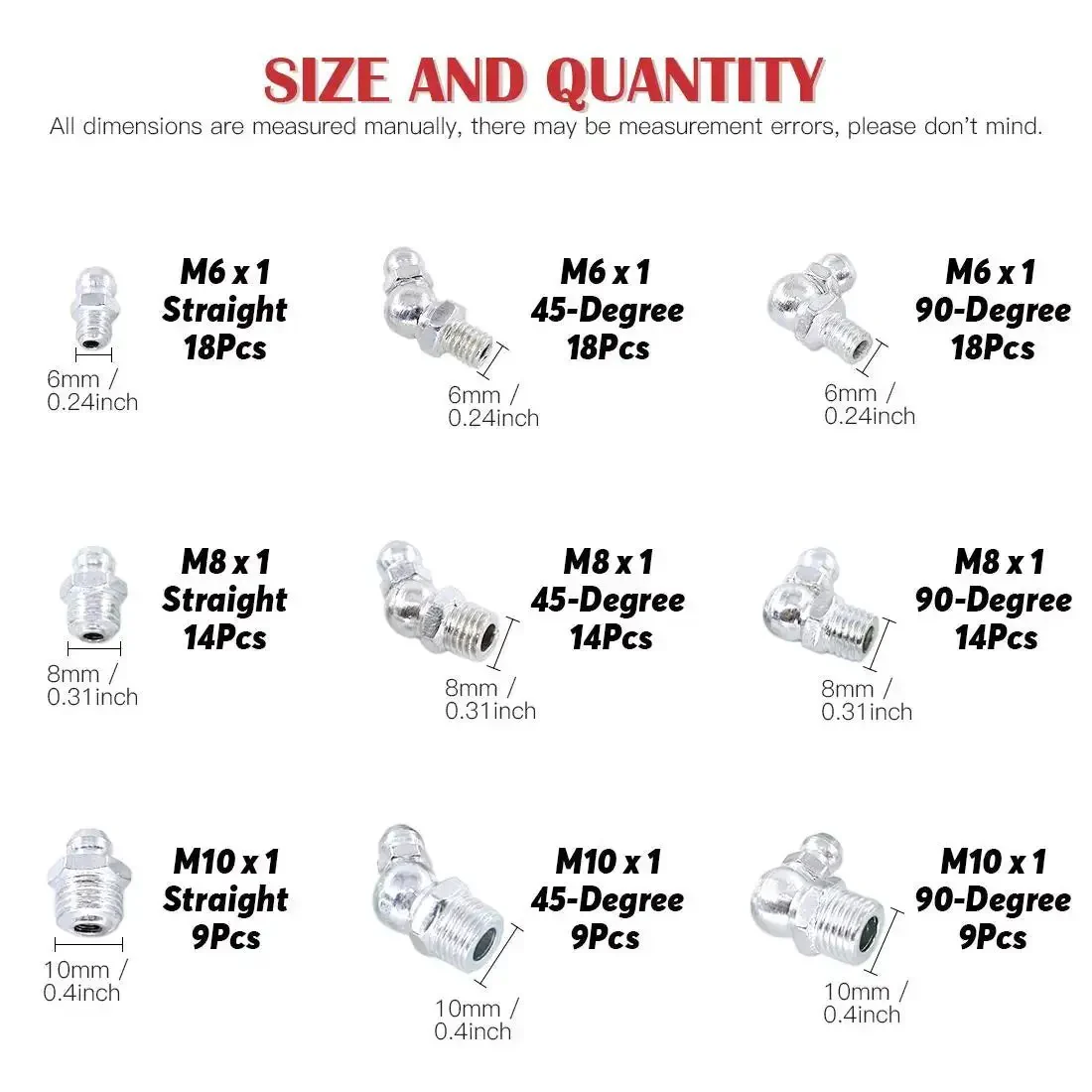 123 Piece Metric Hydraulic Zerk Grease Fittings Kit With 9 Common Sizes Including M6 X 1 Straight 45 And 90 Degree M8 X 1 Straight 45 And 90 Degree M10 X 1 Straight 45 And 90 Degree Perfect For Auto Repair Bike And DIY Projects - Image 7