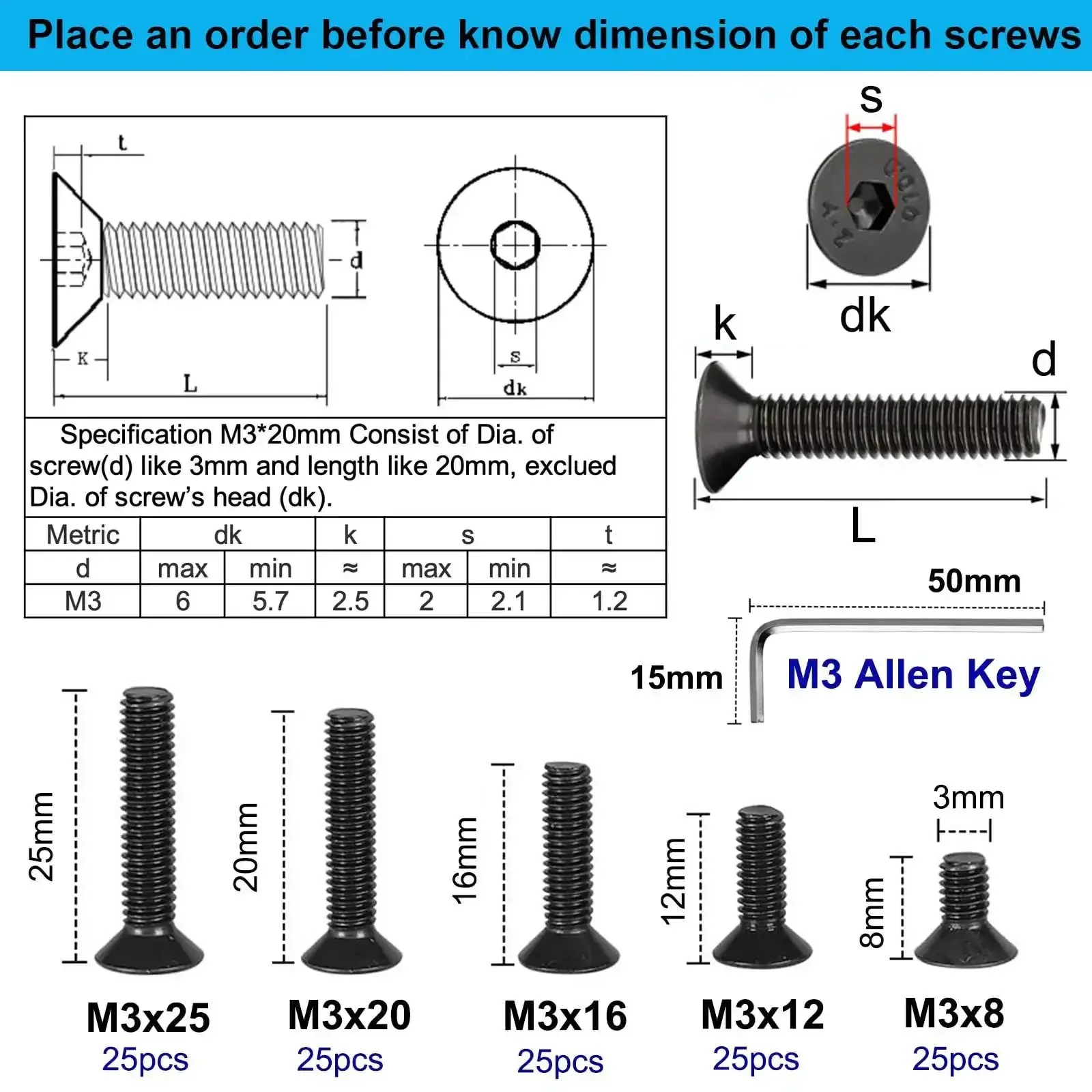 125 Piece Grade Ten Point Nine Alloy Steel Flat Head Hex Socket Cap Screws Set M3 X 8 12 16 20 25 MM With Allen Key Black Oxide Finish Fully Threaded For Heavy Duty Projects - Image 4