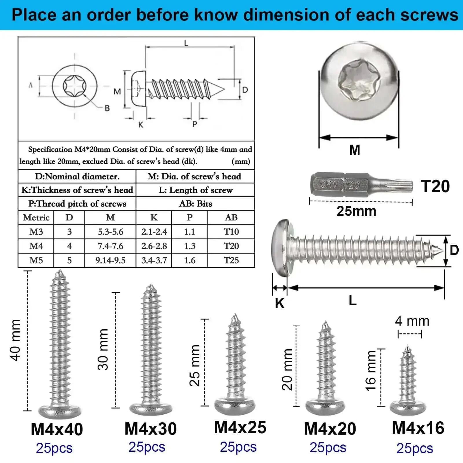 125 Piece Torx Pan Head Stainless Wood Screws Set With T20 Bit M4 X 16 20 25 30 40 mm 304 Stainless Steel Self Tapping Screws For Wood Plastic And Soft Metal Built For Tough Jobs - Image 4
