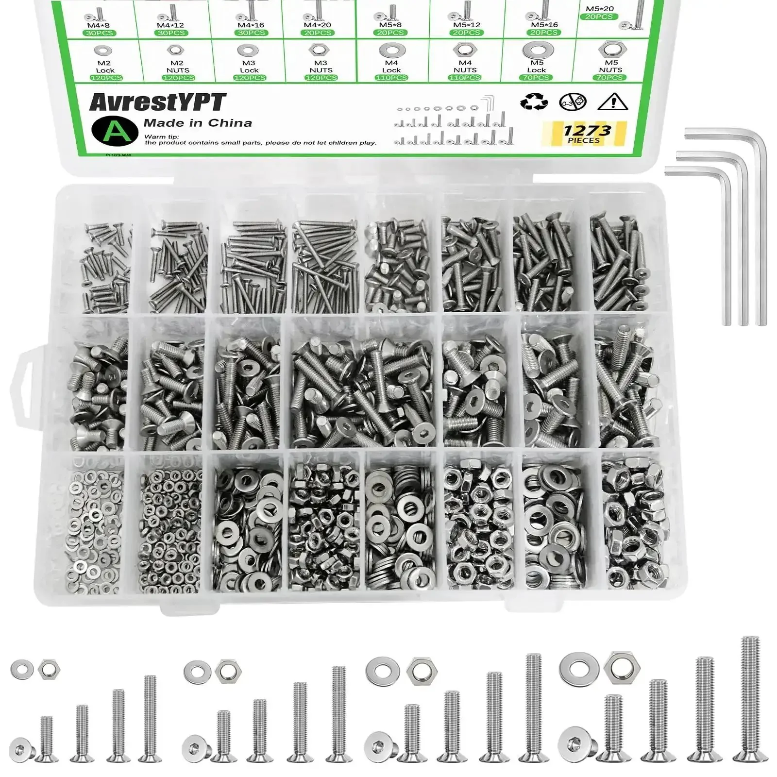 1270 Piece Stainless Steel Screw Kit M2 To M5 For 3D Printing Includes Allen Head And Flat Head Countersunk Bolts Metric Bolts Nuts Washers And Wrenches In Silver