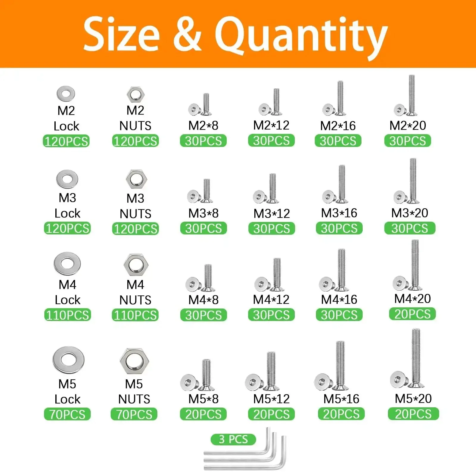1270 Piece Stainless Steel Screw Kit M2 To M5 For 3D Printing Includes Allen Head And Flat Head Countersunk Bolts Metric Bolts Nuts Washers And Wrenches In Silver - Image 7