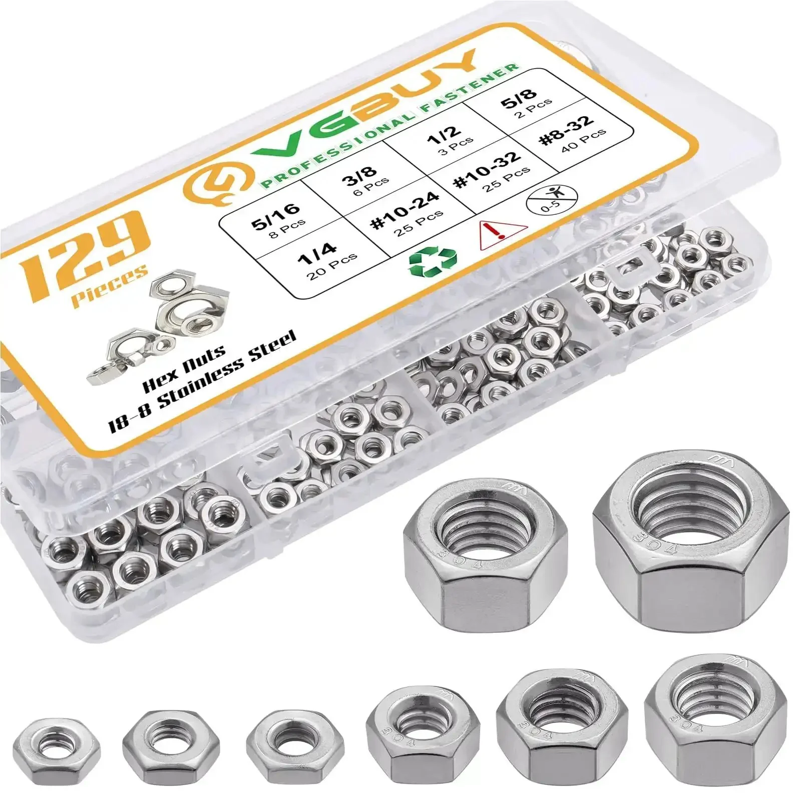 129-Piece SAE Hex Nuts Assortment Kit 8-32 10-24 10-32 1/4-20 5/16-18 3/8-16 1/2-13 5/8-11 Stainless 304 External Hex Nut Set for Handy Home Garage DIY Projects, Heavy Duty Hardware Organization and Fastener Essentials