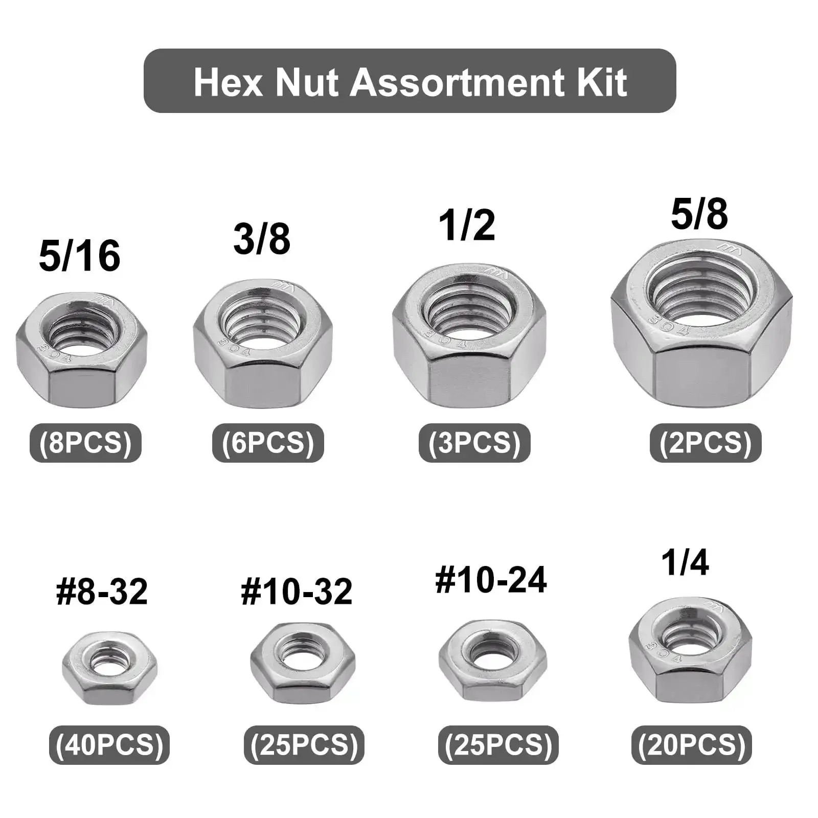 129-Piece SAE Hex Nuts Assortment Kit 8-32 10-24 10-32 1/4-20 5/16-18 3/8-16 1/2-13 5/8-11 Stainless 304 External Hex Nut Set for Handy Home Garage DIY Projects, Heavy Duty Hardware Organization and Fastener Essentials - Image 6